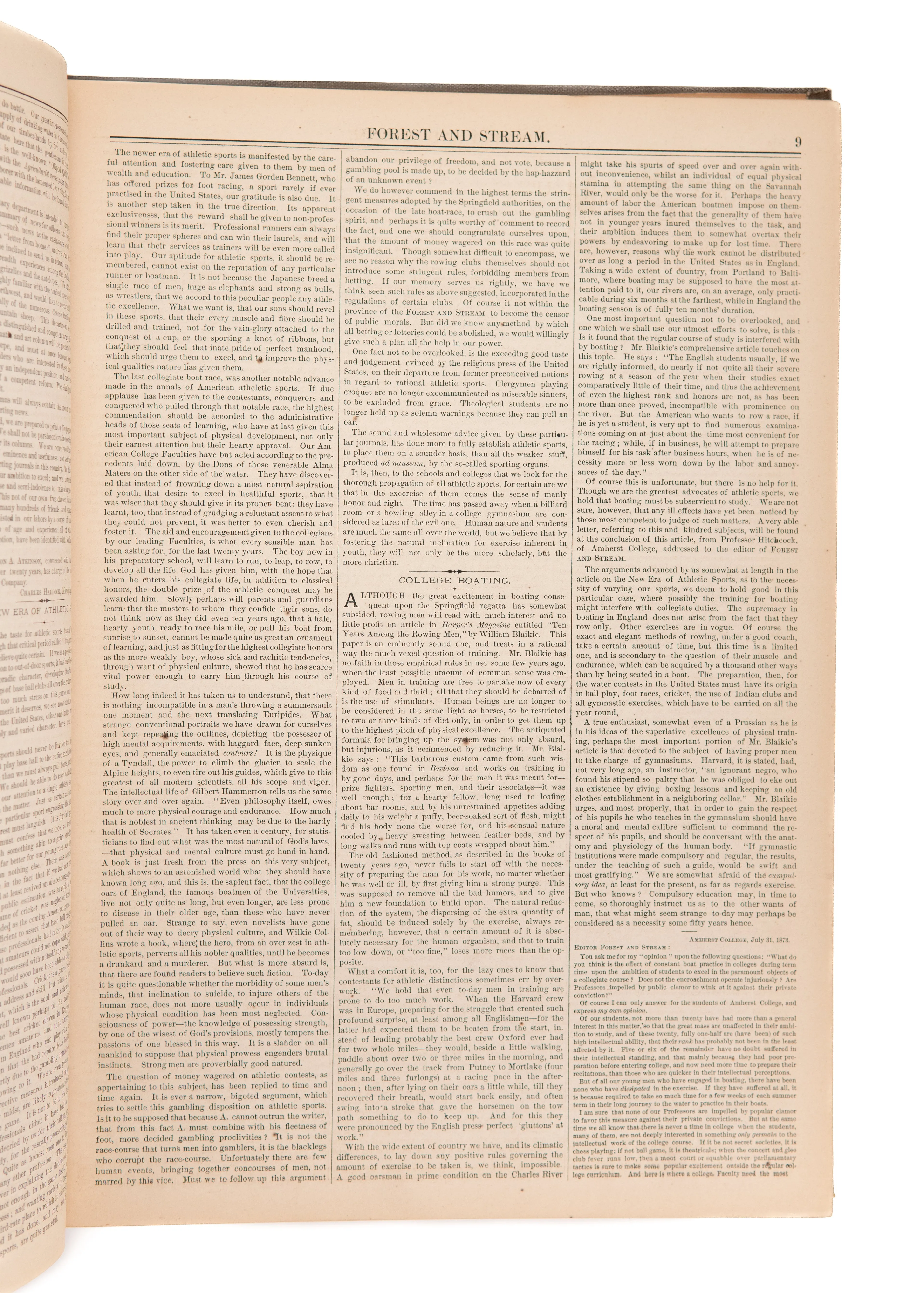 1874 FOREST AND STREAM JOURNAL. First Year of Important Hunting, Fishing, and Conservation Periodical.