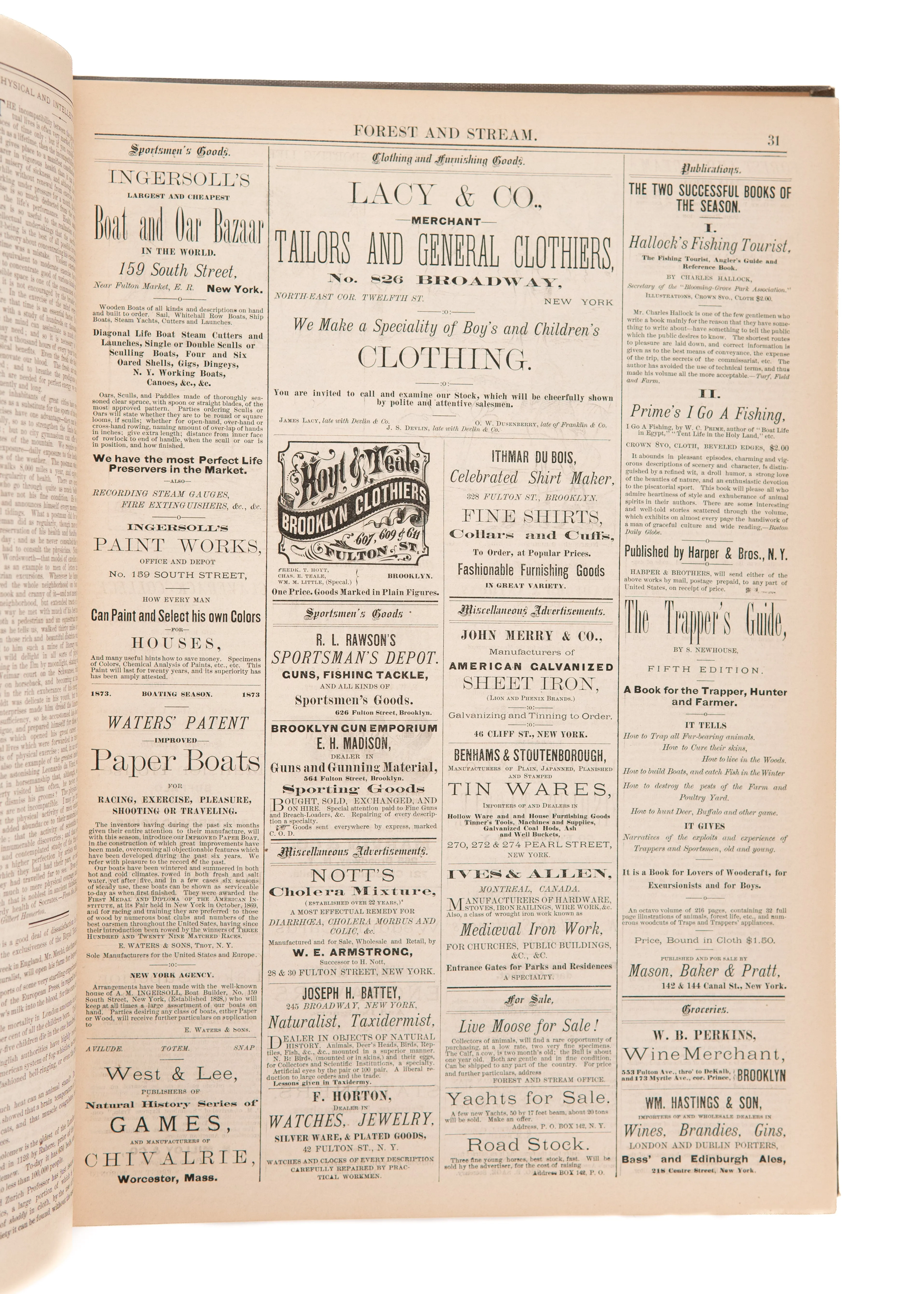1874 FOREST AND STREAM JOURNAL. First Year of Important Hunting, Fishing, and Conservation Periodical.