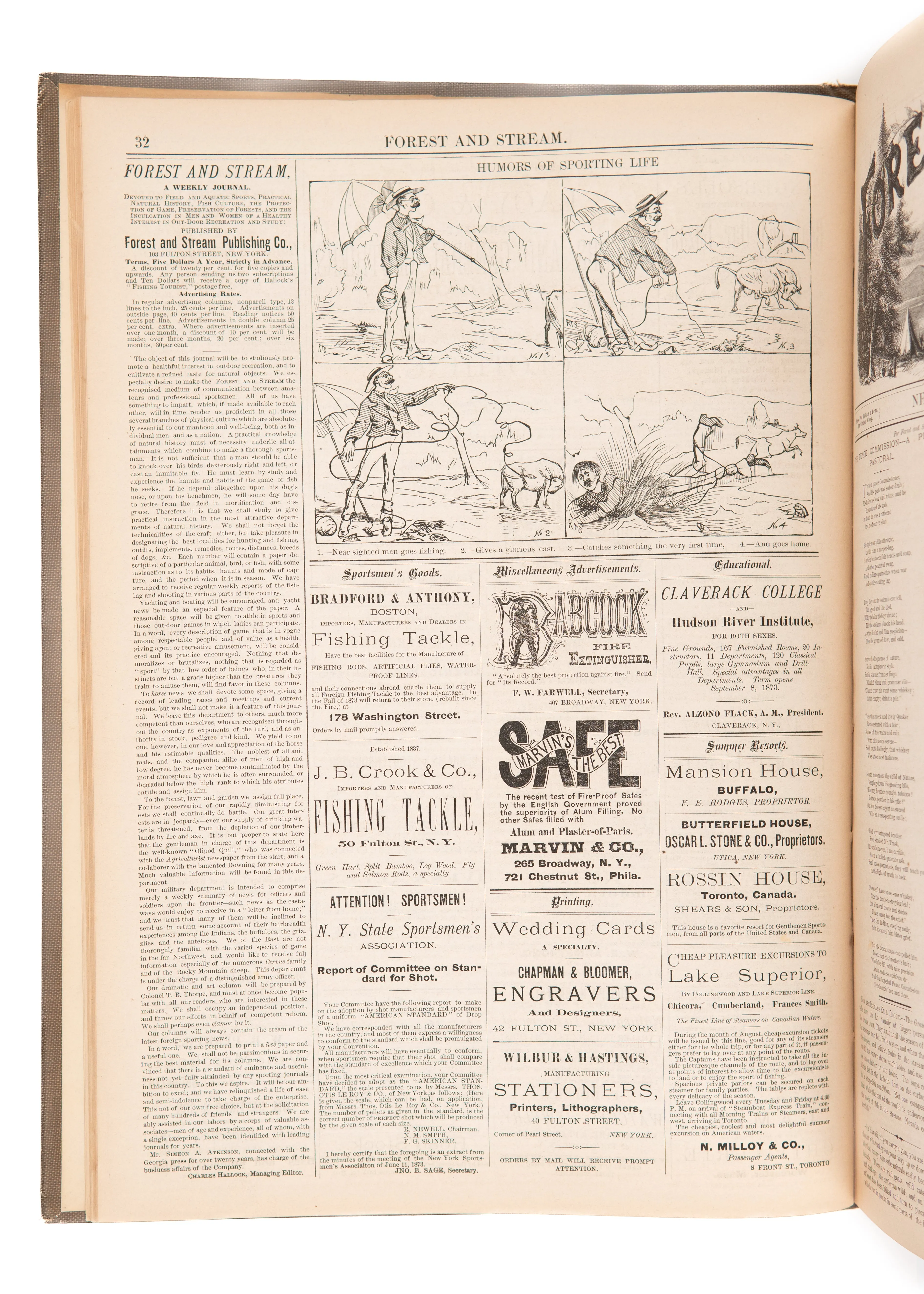 1874 FOREST AND STREAM JOURNAL. First Year of Important Hunting, Fishing, and Conservation Periodical.