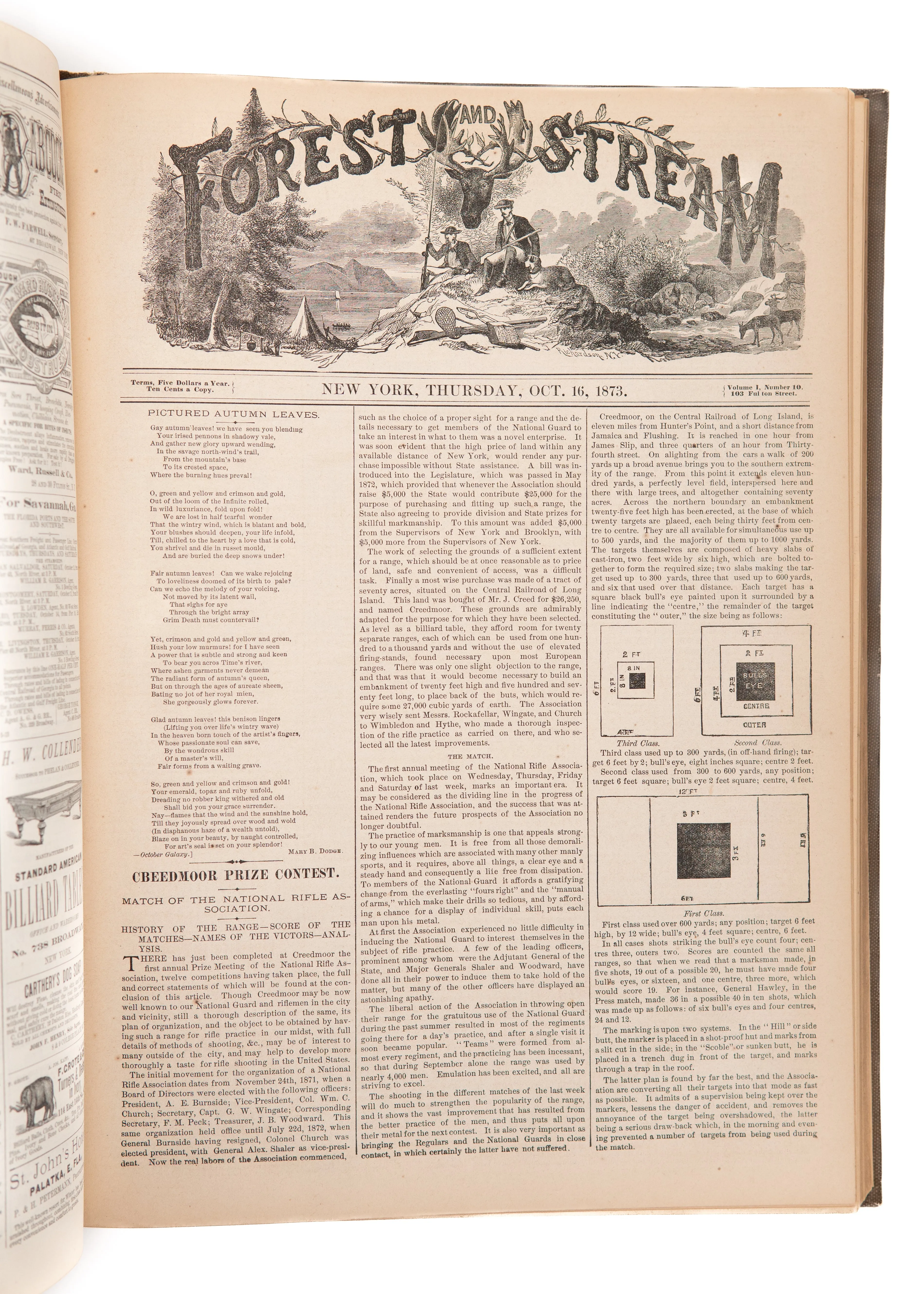 1874 FOREST AND STREAM JOURNAL. First Year of Important Hunting, Fishing, and Conservation Periodical.
