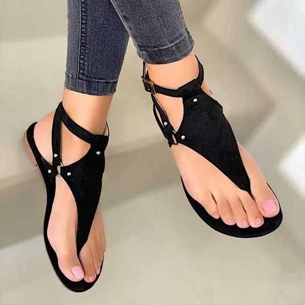2021 New Summer Women's Flat Sandals Black Open Toe Beach Shoes Roman Buckle Strap Slippers