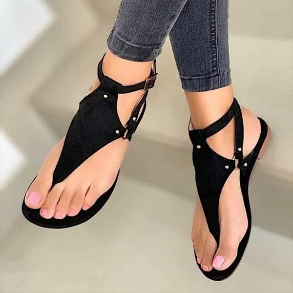 2021 New Summer Women's Flat Sandals Black Open Toe Beach Shoes Roman Buckle Strap Slippers