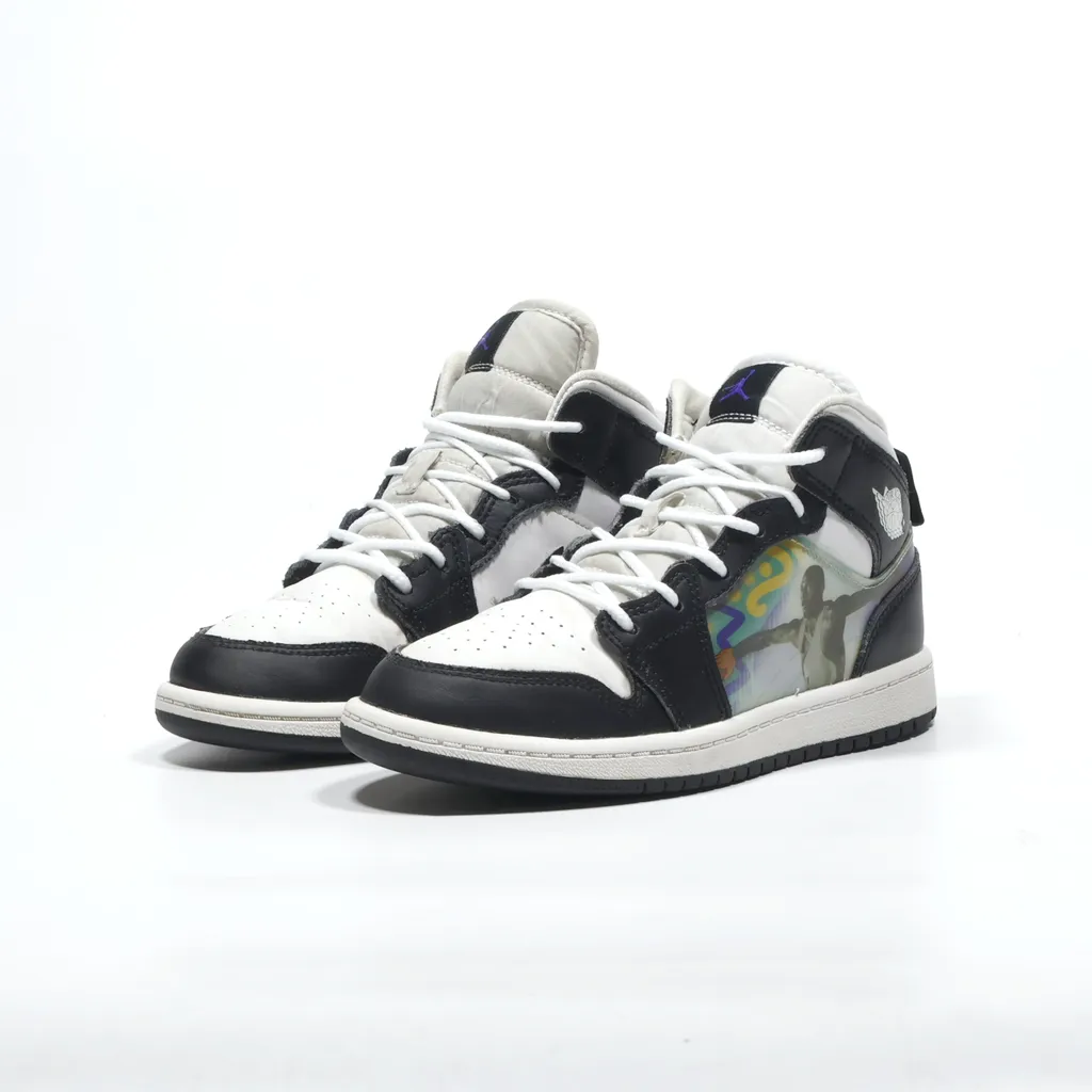 Air Jordan 1 Mid Hologram Sneakers Leather Black Color For Kids