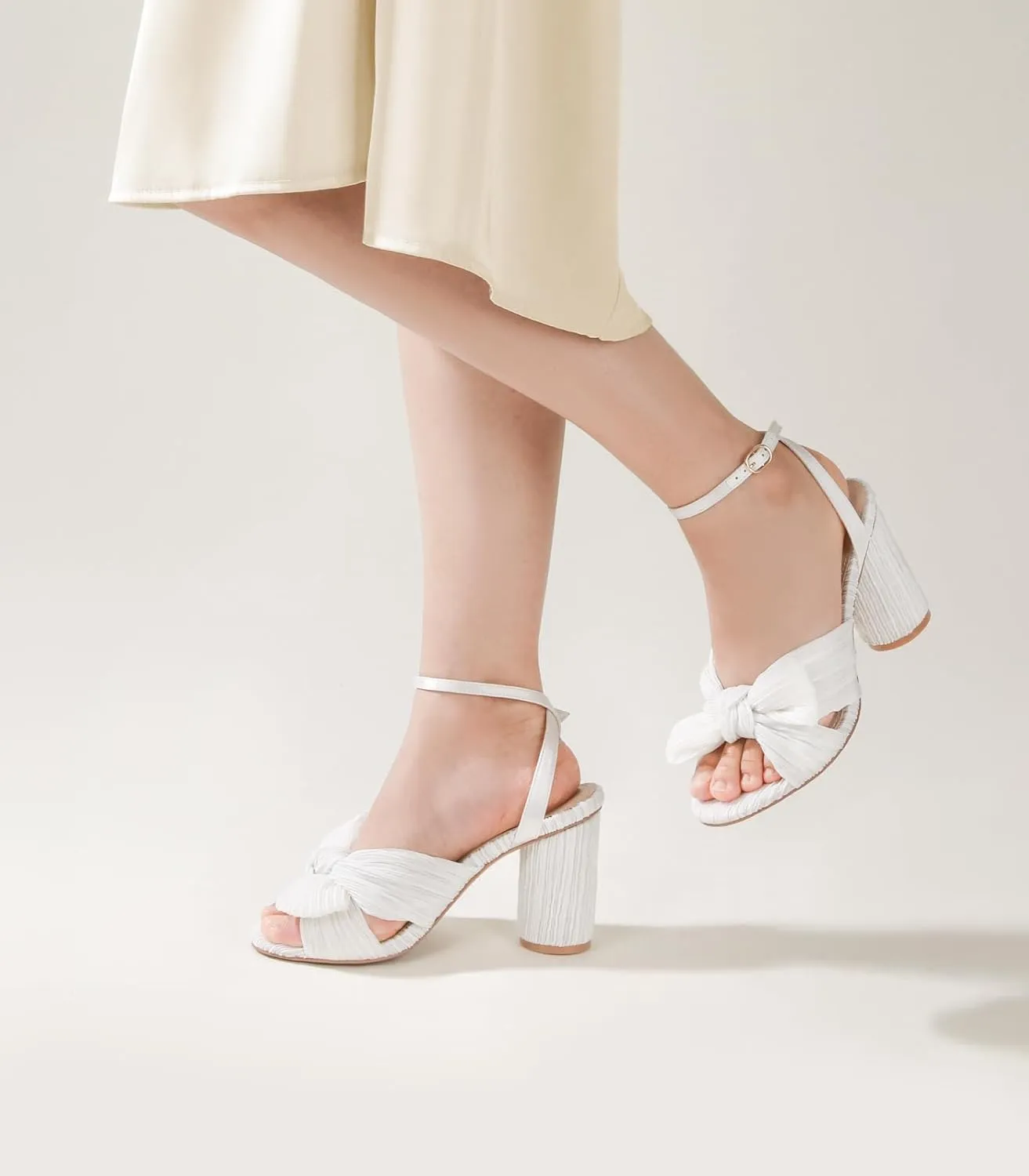Ankis White Gold Bow Heel Chunky Wedding Shoes for Bride 3.15 Inch High Heel Open Toe Ankle Buckle Strap Dressy Pleated Kont Women Shoe Party Graduation Event Summer