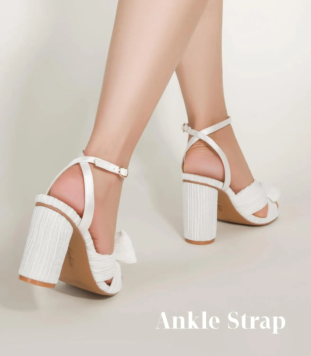 Ankis White Gold Bow Heel Chunky Wedding Shoes for Bride 3.15 Inch High Heel Open Toe Ankle Buckle Strap Dressy Pleated Kont Women Shoe Party Graduation Event Summer