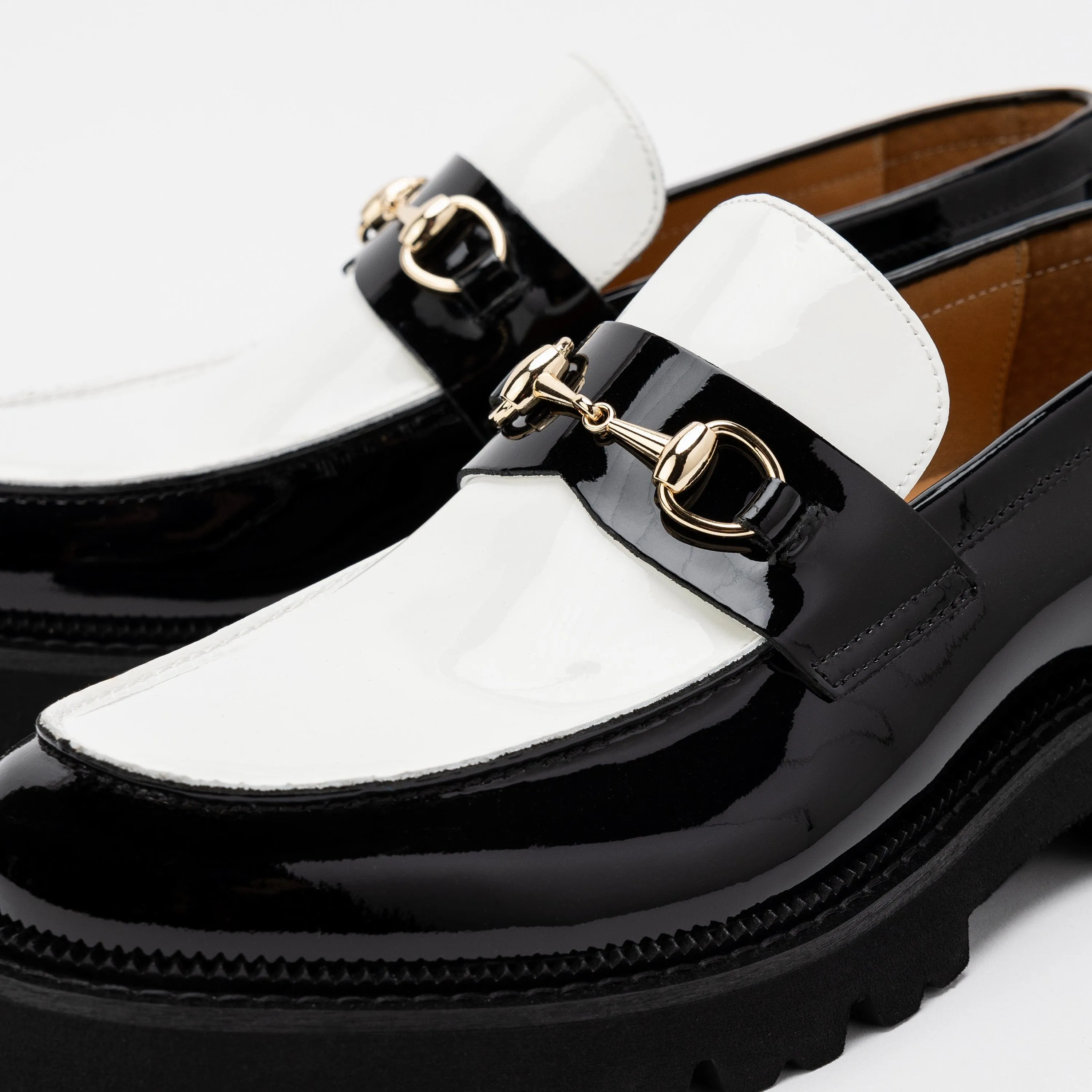 Blake Black/White Patent Leather Lug Bit Loafers