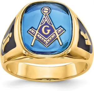 Bonyak Jewelry Men's Polished & Textured w/Black Enamel & Imitation Blue Spinel Masonic Ring