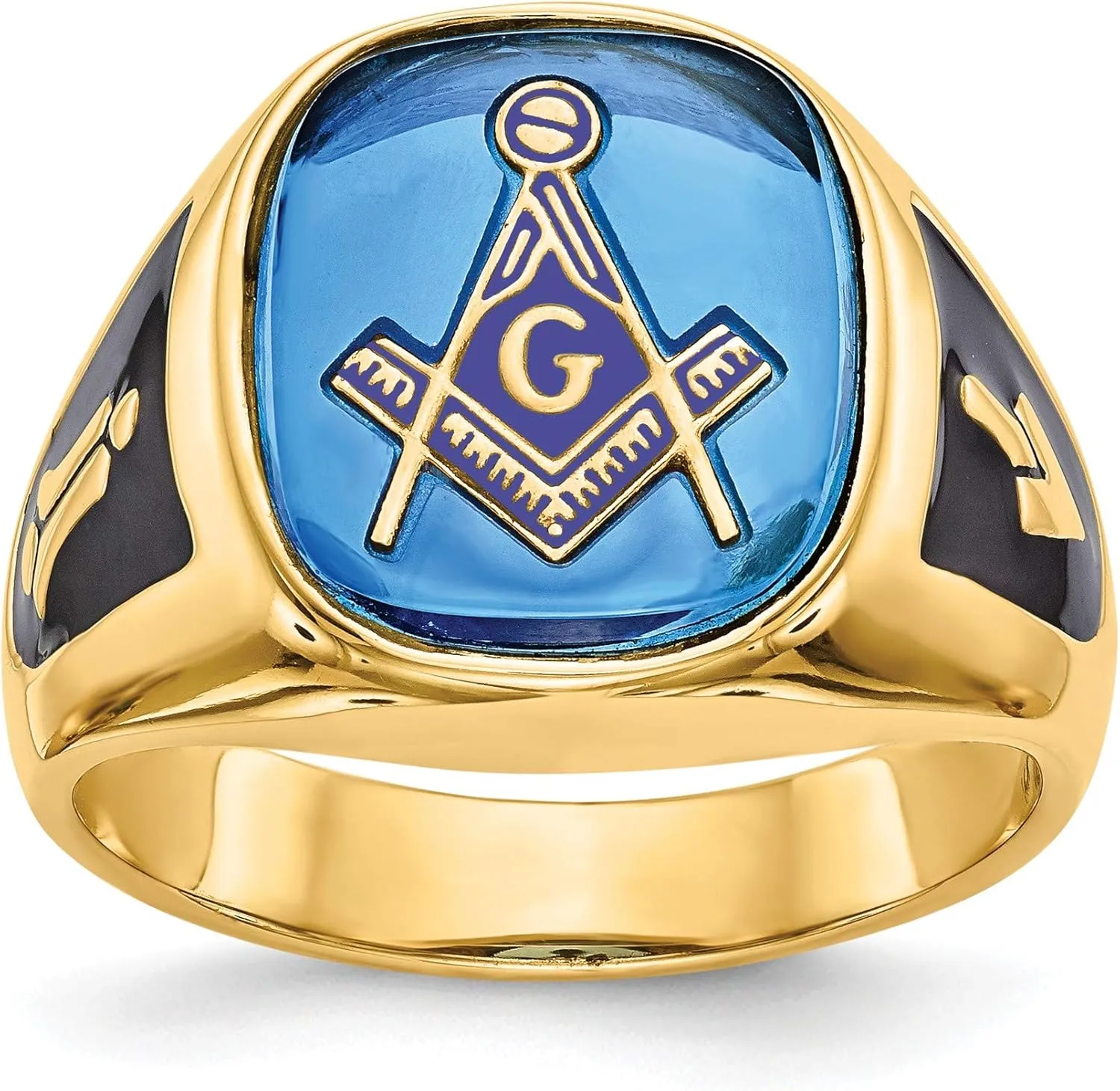 Bonyak Jewelry Men's Polished & Textured w/Black Enamel & Imitation Blue Spinel Masonic Ring