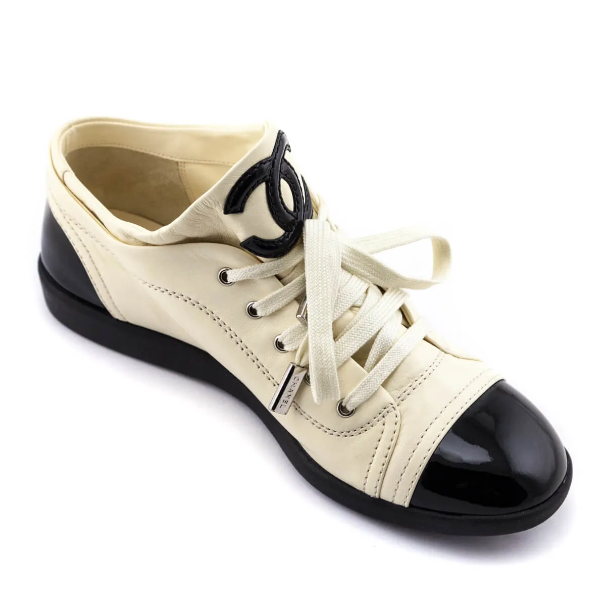 Chanel Cream & Black Leather Cap Toe CC Sneakers Size US 7 | EU 37