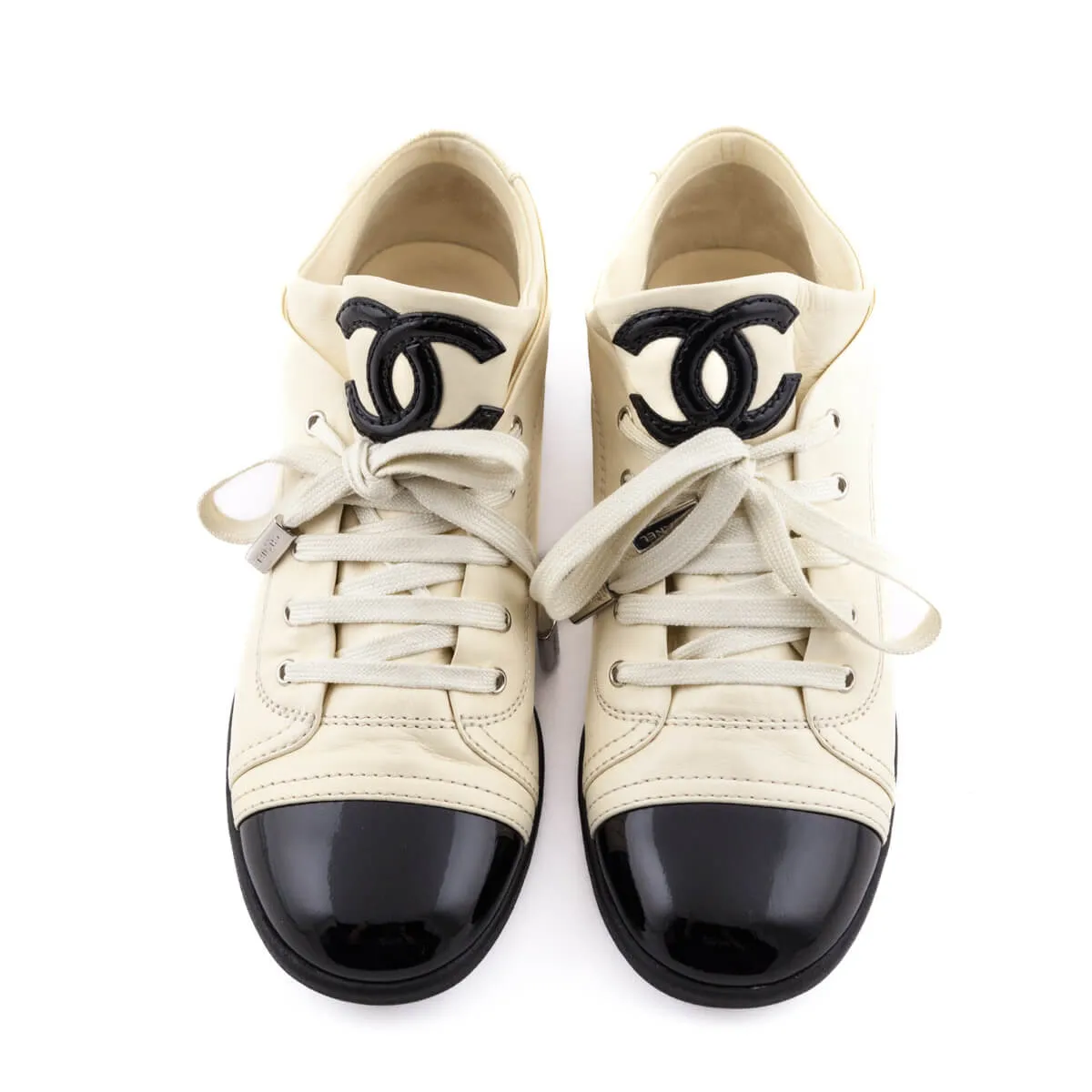 Chanel Cream & Black Leather Cap Toe CC Sneakers Size US 7 | EU 37