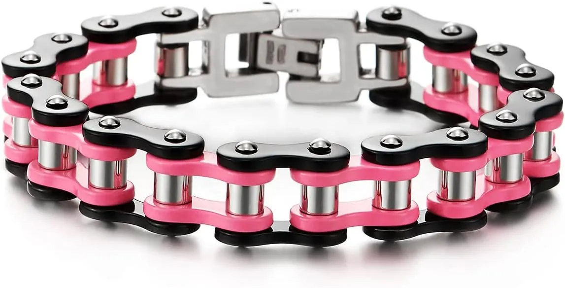 COOLSTEELANDBEYOND Ladies Stainless Steel Pink Black Motorcycle Bike Chain Bracelet with Buckle Clasp Polished
