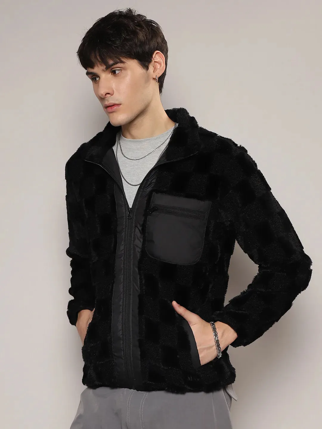 Fleece Buffalo Check Puffer Jacket