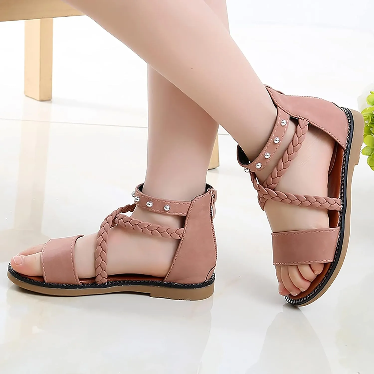 Girls Gladiator Sandals with Back Zipper Kids Open Toe Cross Strappy Flat Sandal Casual Summer Dress Sandals for Girl