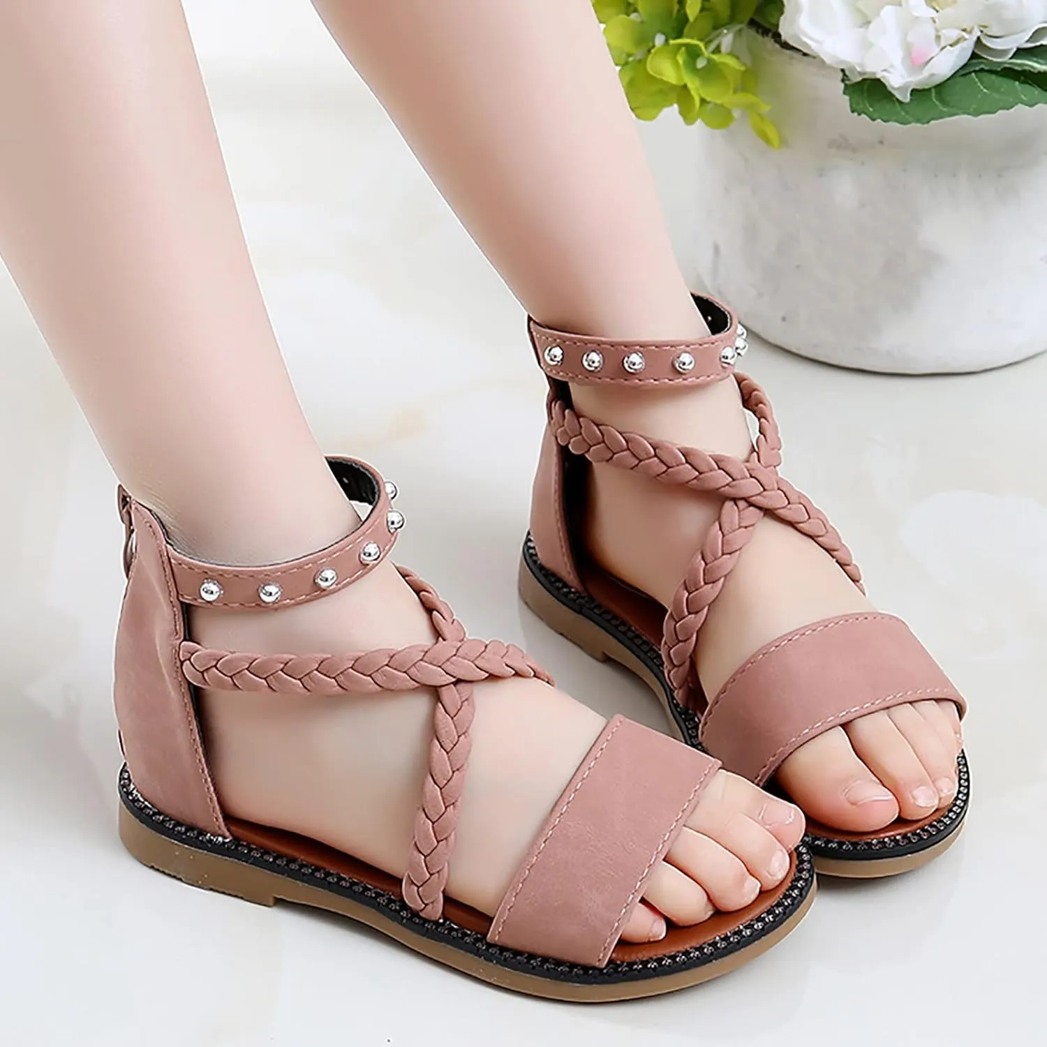 Girls Gladiator Sandals with Back Zipper Kids Open Toe Cross Strappy Flat Sandal Casual Summer Dress Sandals for Girl