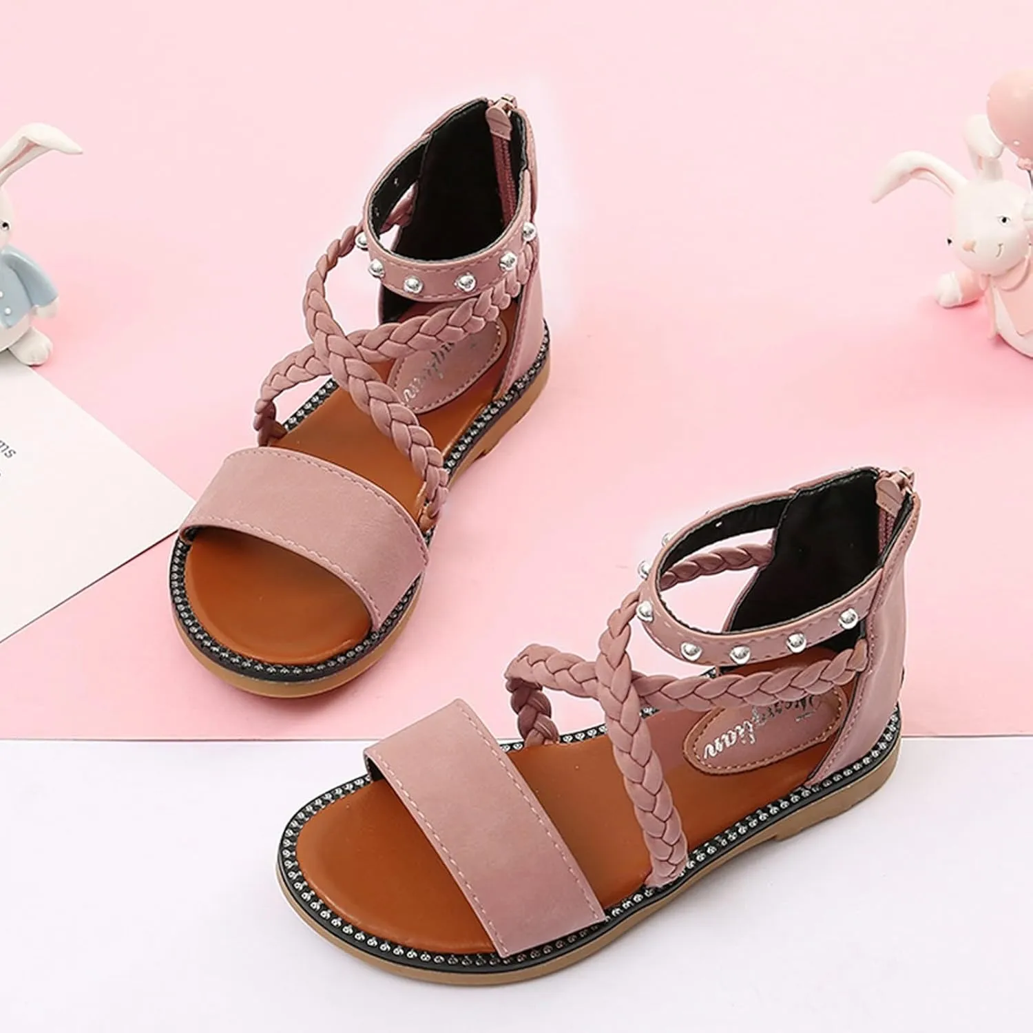 Girls Gladiator Sandals with Back Zipper Kids Open Toe Cross Strappy Flat Sandal Casual Summer Dress Sandals for Girl