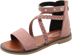 Girls Gladiator Sandals with Back Zipper Kids Open Toe Cross Strappy Flat Sandal Casual Summer Dress Sandals for Girl