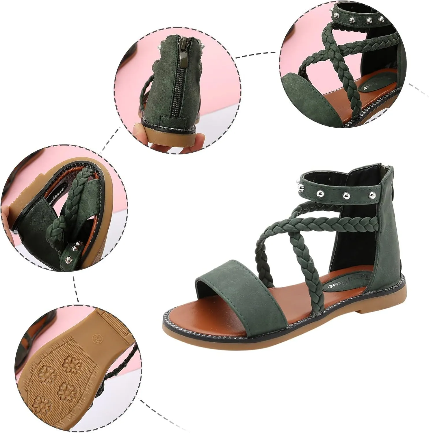 Girls Gladiator Sandals with Back Zipper Kids Open Toe Cross Strappy Flat Sandal Casual Summer Dress Sandals for Girl