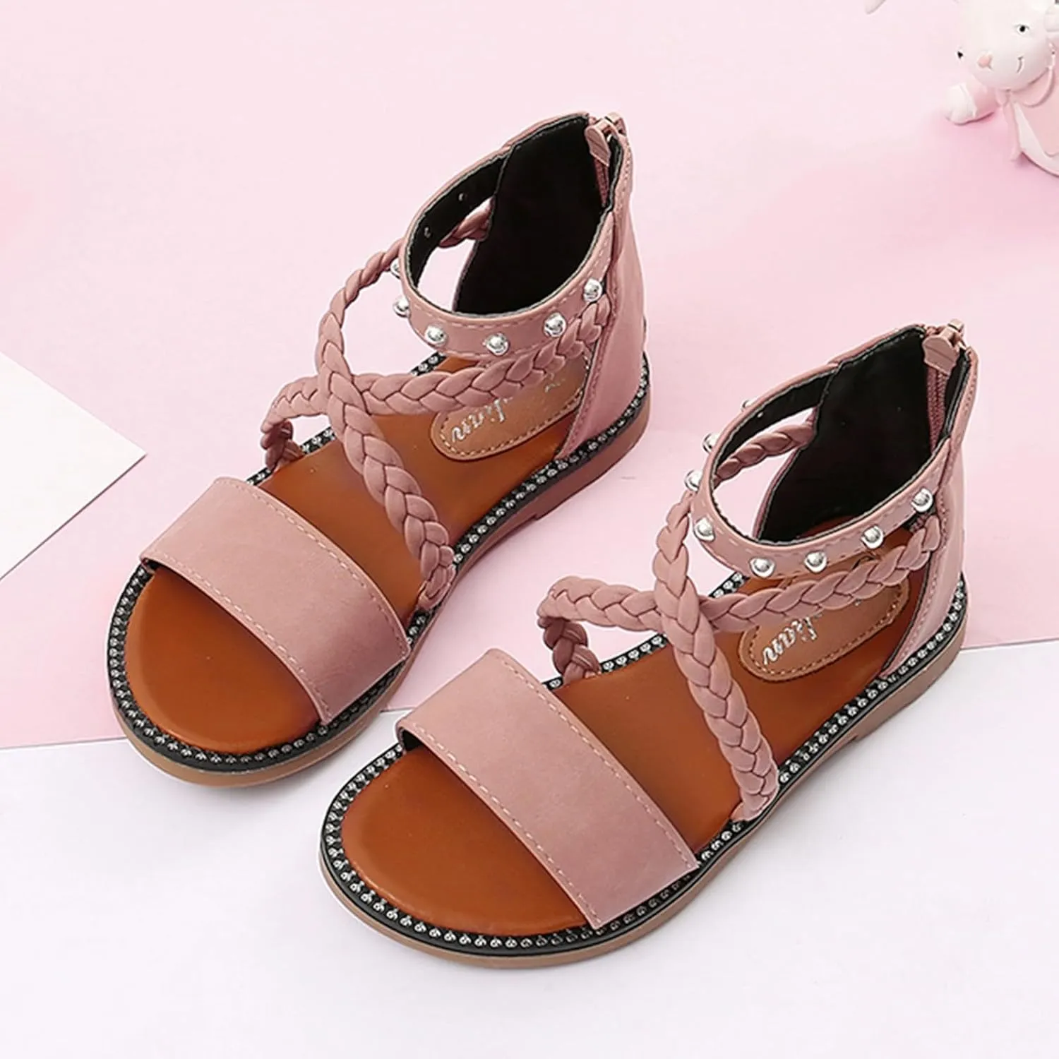 Girls Gladiator Sandals with Back Zipper Kids Open Toe Cross Strappy Flat Sandal Casual Summer Dress Sandals for Girl