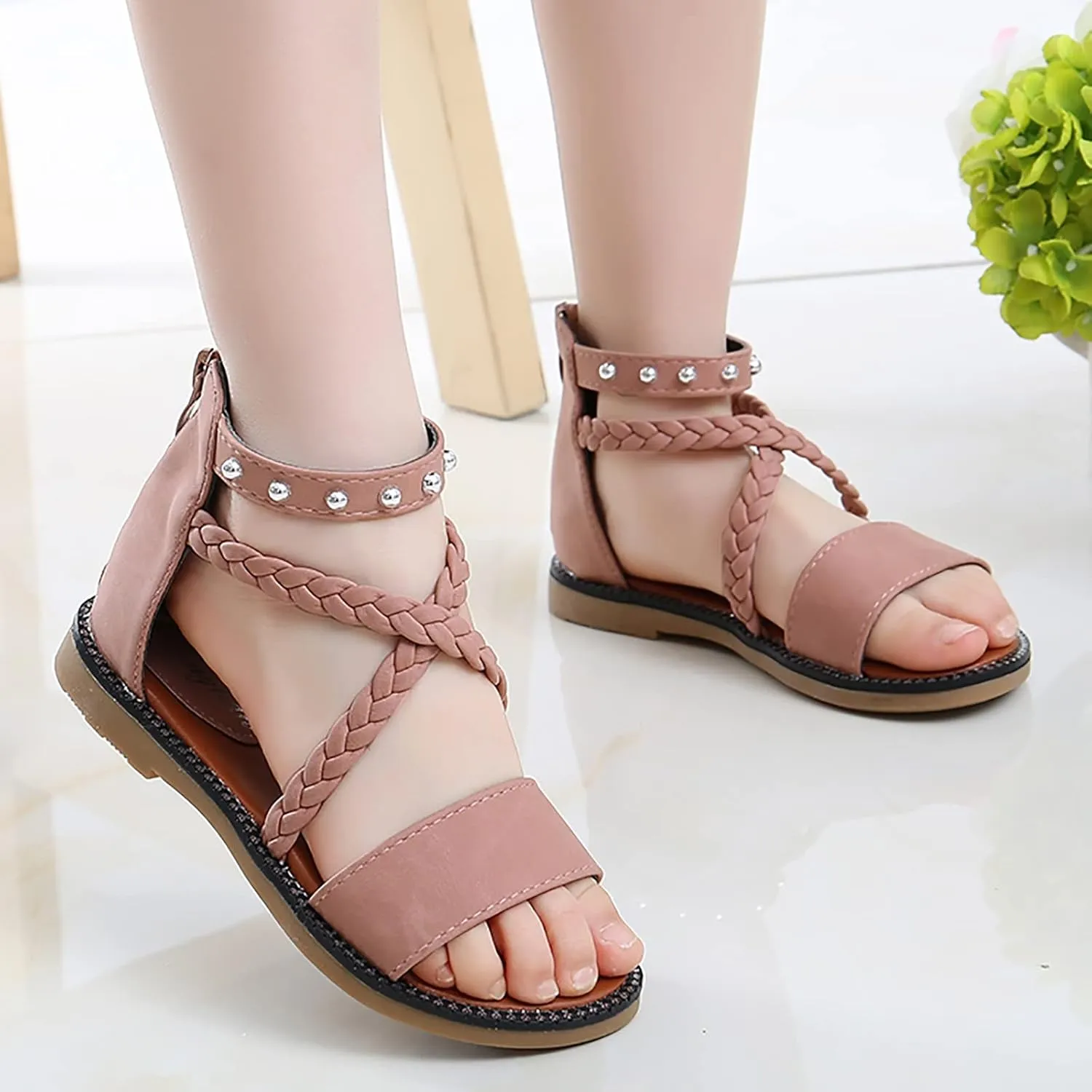 Girls Gladiator Sandals with Back Zipper Kids Open Toe Cross Strappy Flat Sandal Casual Summer Dress Sandals for Girl
