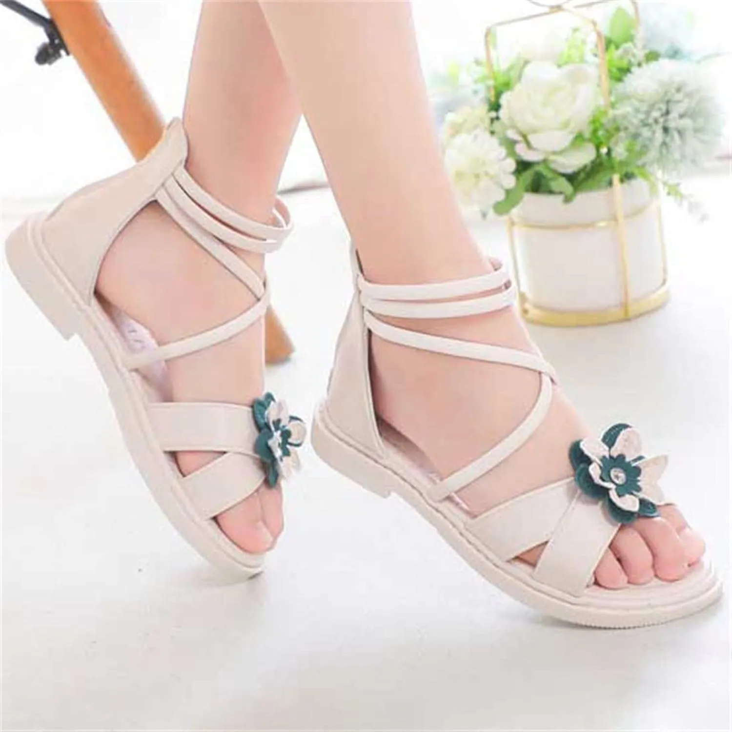 Girls Toddler Floral Roman Sandals Summer Flat Open Toe Ankle Sandals With Heel Zipper Butterfly Flower Glitter Cute Princess Jelly Sandals