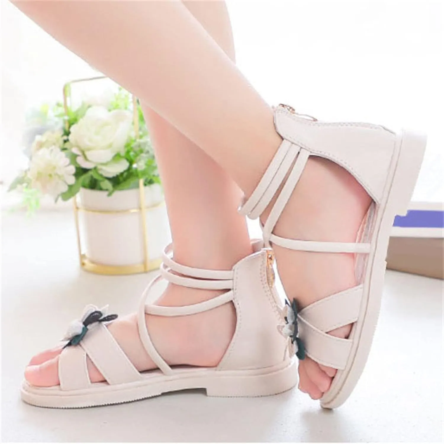 Girls Toddler Floral Roman Sandals Summer Flat Open Toe Ankle Sandals With Heel Zipper Butterfly Flower Glitter Cute Princess Jelly Sandals