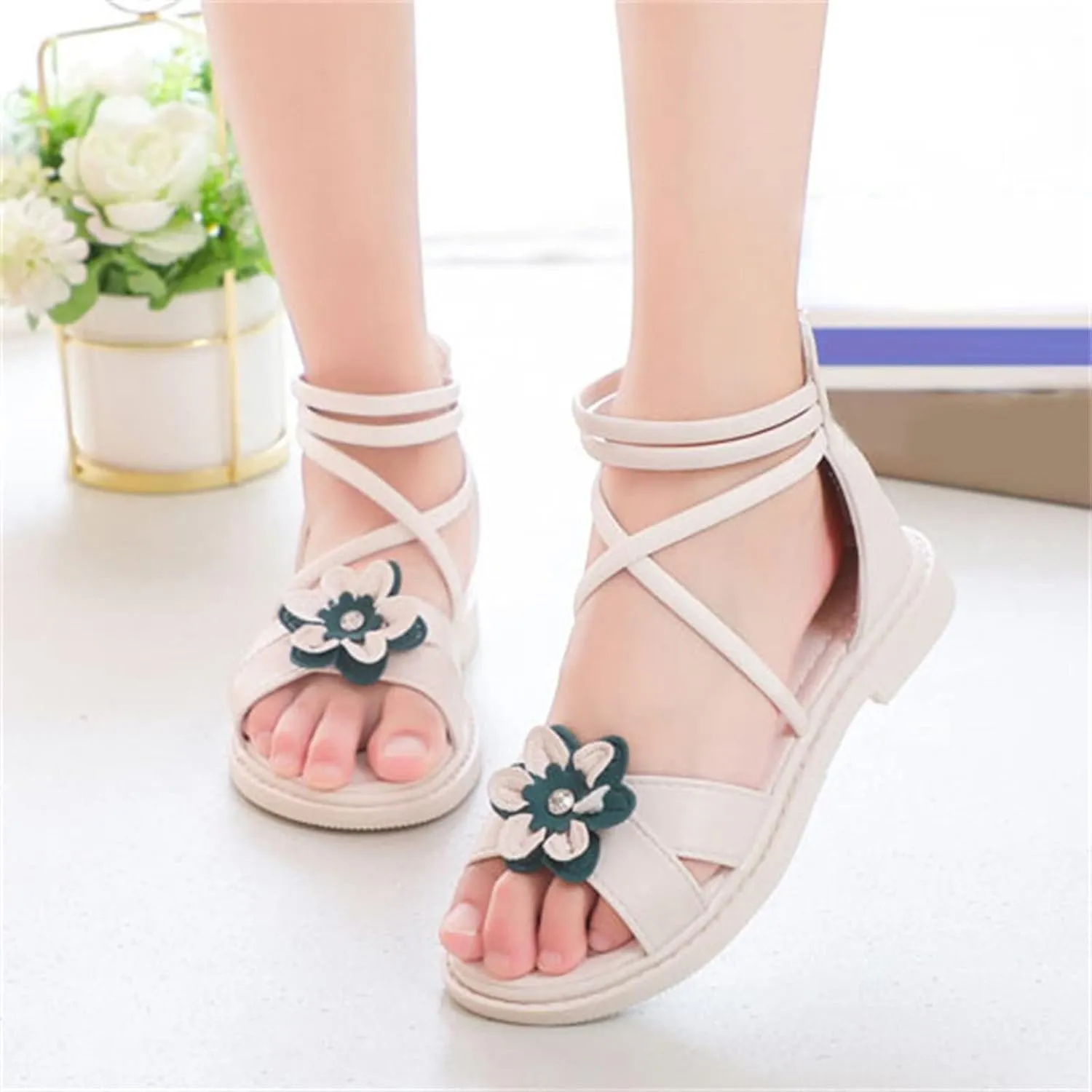 Girls Toddler Floral Roman Sandals Summer Flat Open Toe Ankle Sandals With Heel Zipper Butterfly Flower Glitter Cute Princess Jelly Sandals