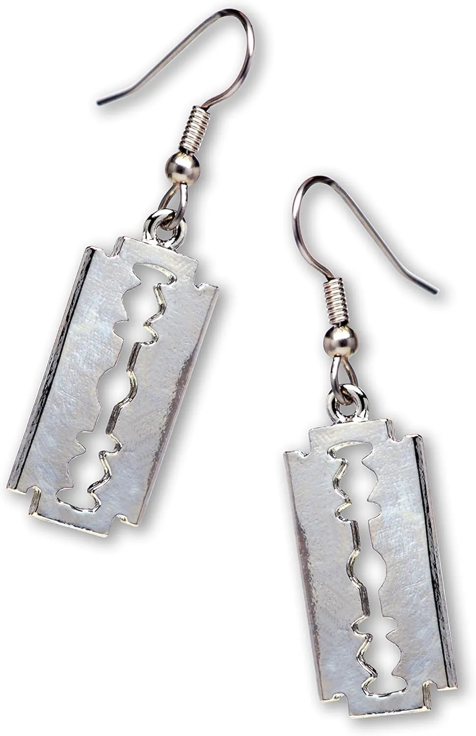 Gothic Razor Blade Dangle Earrings Polished Silver Finish Pewter