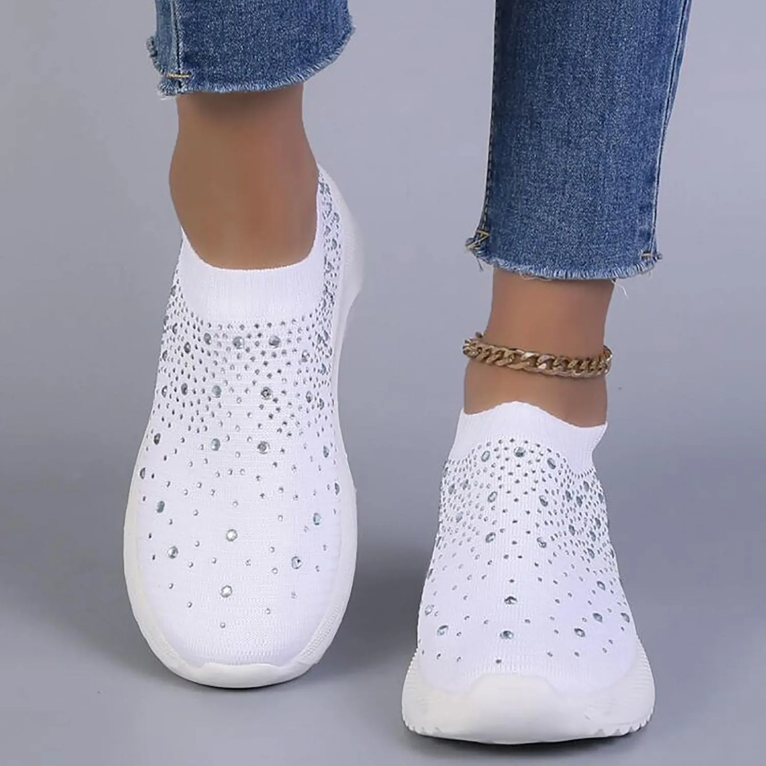 Hbeylia Platform Walking Running Shoes For Women Fashion Glitter Rhinestones Wedge Slip On Sneakers Lightweight Comfortable Mesh Breathable Blade Non Slip Athletic Workout Loafers Work Nurse Shoes