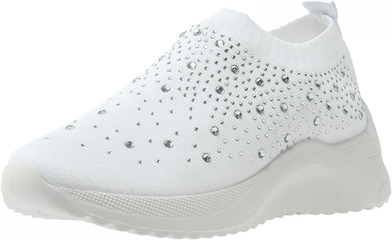 Hbeylia Platform Walking Running Shoes For Women Fashion Glitter Rhinestones Wedge Slip On Sneakers Lightweight Comfortable Mesh Breathable Blade Non Slip Athletic Workout Loafers Work Nurse Shoes