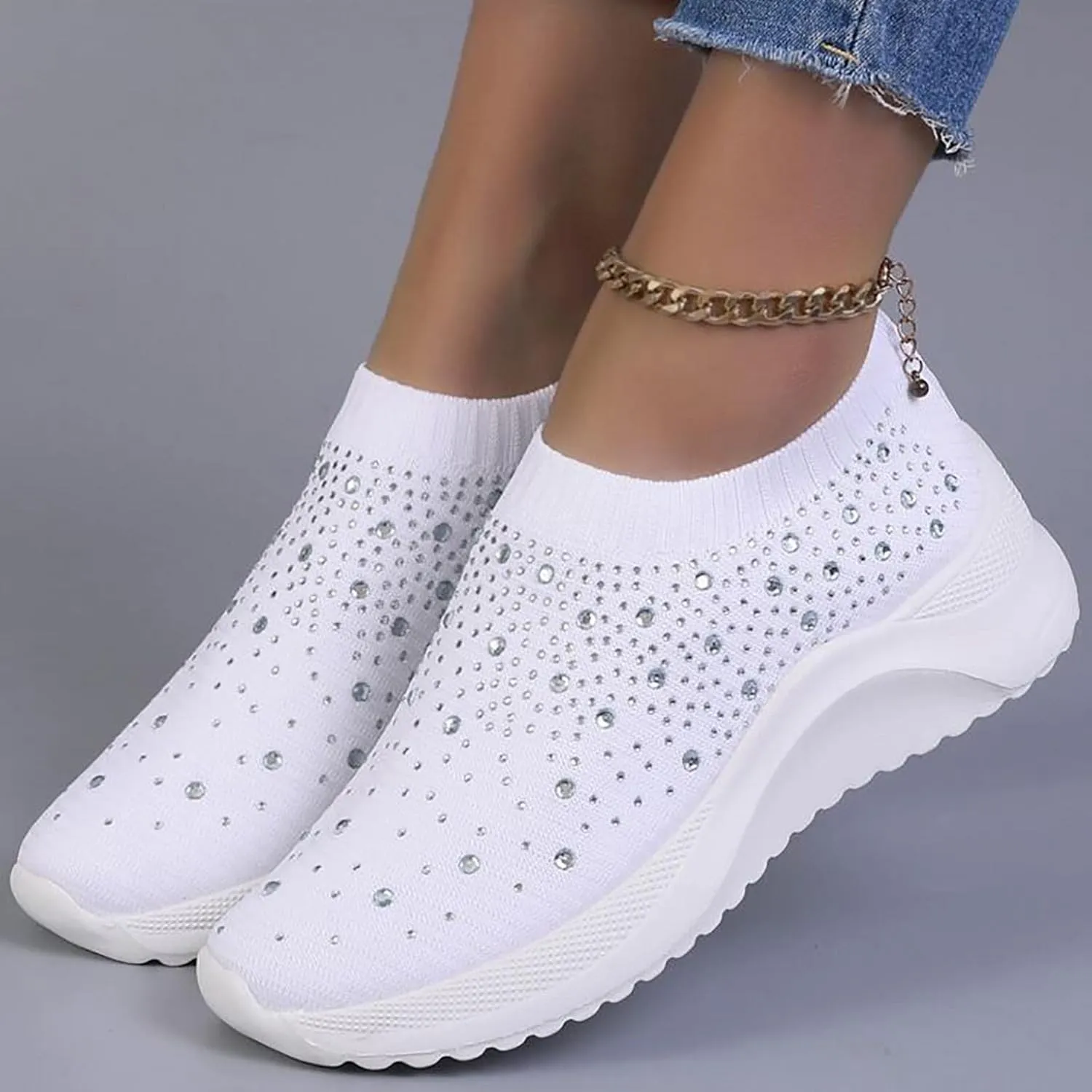 Hbeylia Platform Walking Running Shoes For Women Fashion Glitter Rhinestones Wedge Slip On Sneakers Lightweight Comfortable Mesh Breathable Blade Non Slip Athletic Workout Loafers Work Nurse Shoes