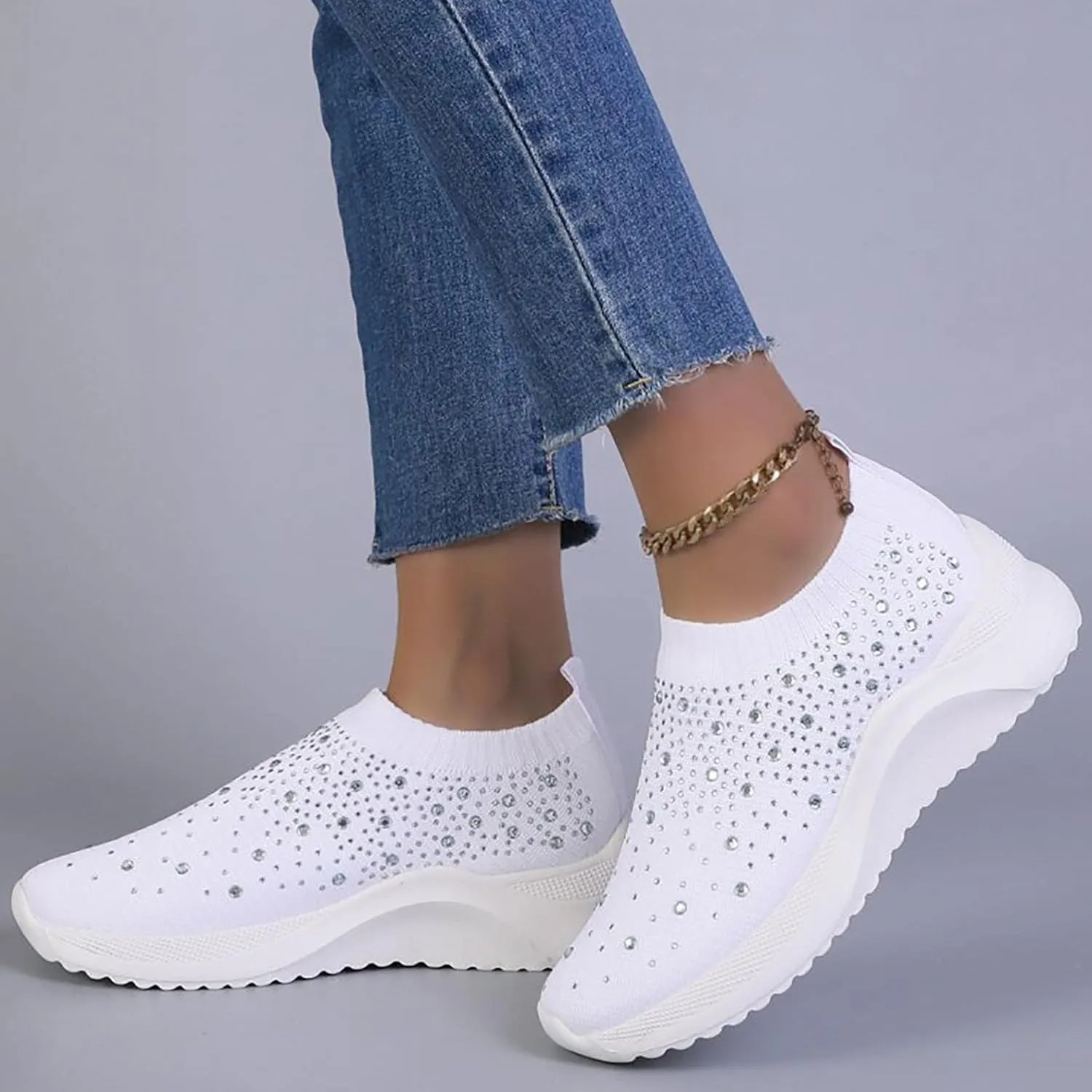 Hbeylia Platform Walking Running Shoes For Women Fashion Glitter Rhinestones Wedge Slip On Sneakers Lightweight Comfortable Mesh Breathable Blade Non Slip Athletic Workout Loafers Work Nurse Shoes
