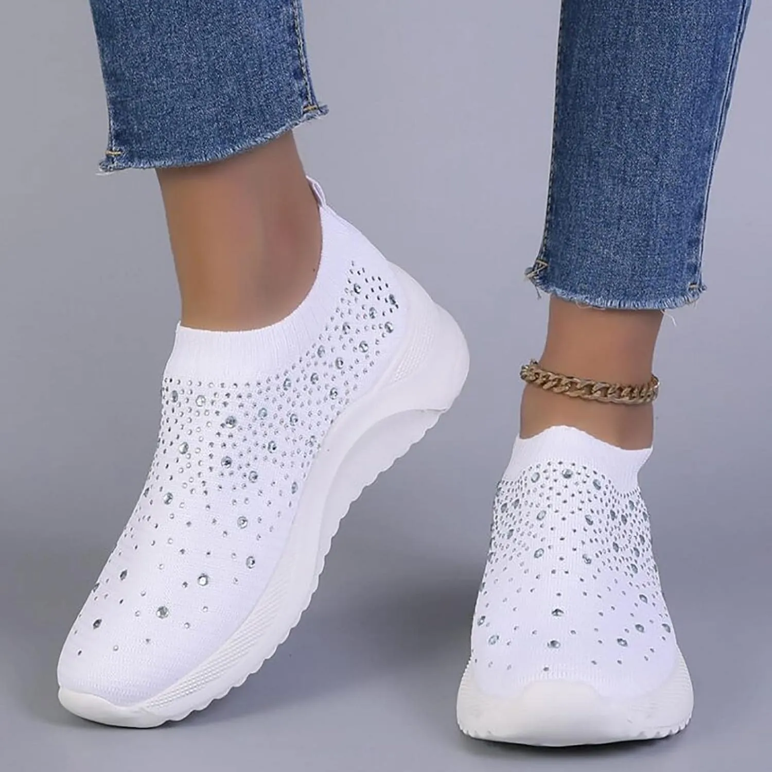 Hbeylia Platform Walking Running Shoes For Women Fashion Glitter Rhinestones Wedge Slip On Sneakers Lightweight Comfortable Mesh Breathable Blade Non Slip Athletic Workout Loafers Work Nurse Shoes