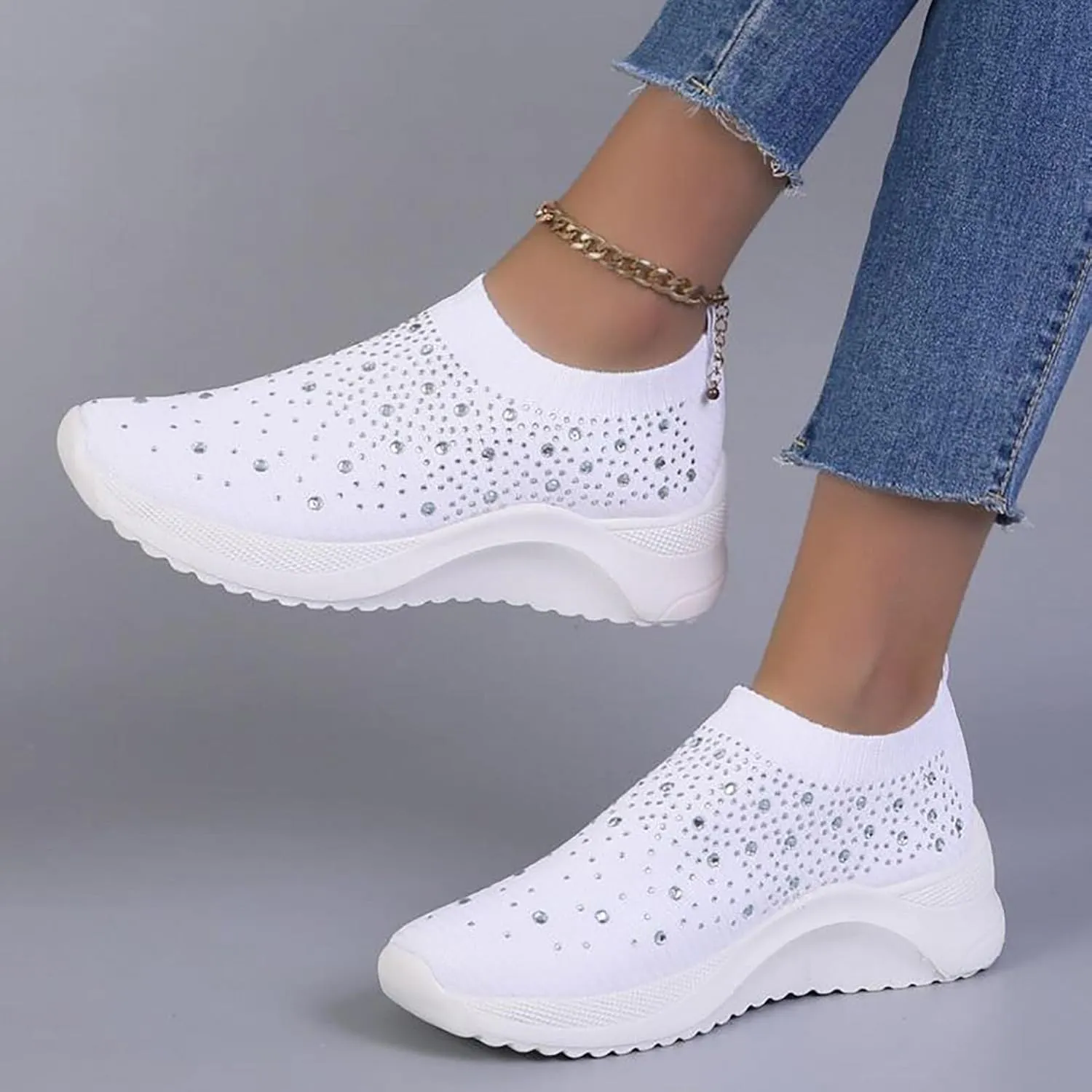 Hbeylia Platform Walking Running Shoes For Women Fashion Glitter Rhinestones Wedge Slip On Sneakers Lightweight Comfortable Mesh Breathable Blade Non Slip Athletic Workout Loafers Work Nurse Shoes