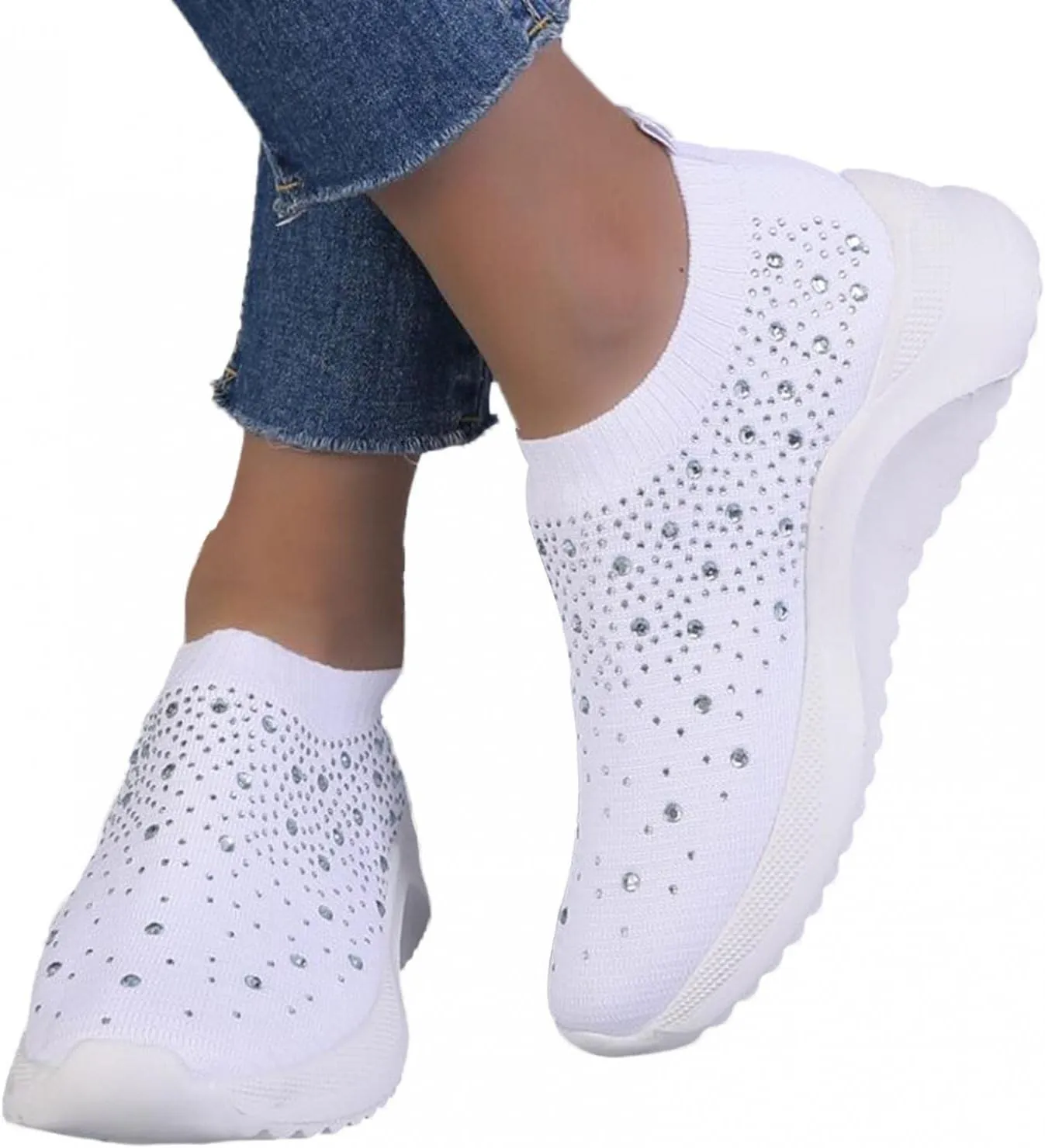 Hbeylia Platform Walking Running Shoes For Women Fashion Glitter Rhinestones Wedge Slip On Sneakers Lightweight Comfortable Mesh Breathable Blade Non Slip Athletic Workout Loafers Work Nurse Shoes