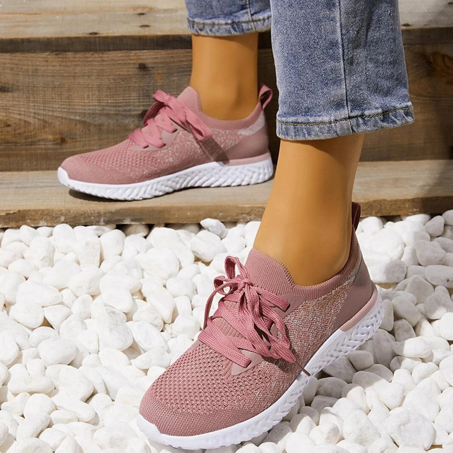 Hbeylia Walking Running Tennis Shoes Lace Up Fashion Sneakers For Women Breathable Mesh Lightweight Non Slip Casual Athletic Sport Hiking Workout Gym Fitness Jogging Trainers Shoes For Ladies Girls