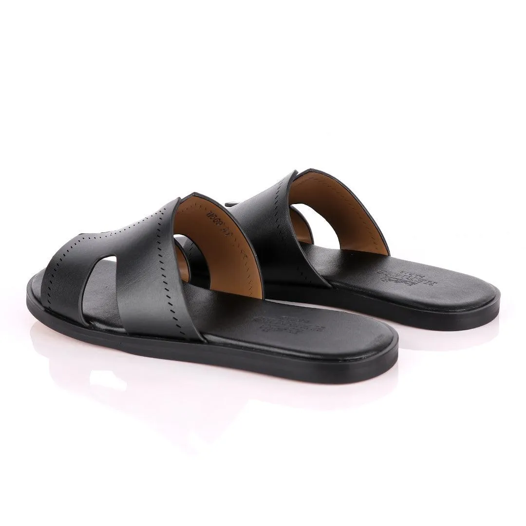 Hermes Paris Black Pattern Design Black Leather Slippers