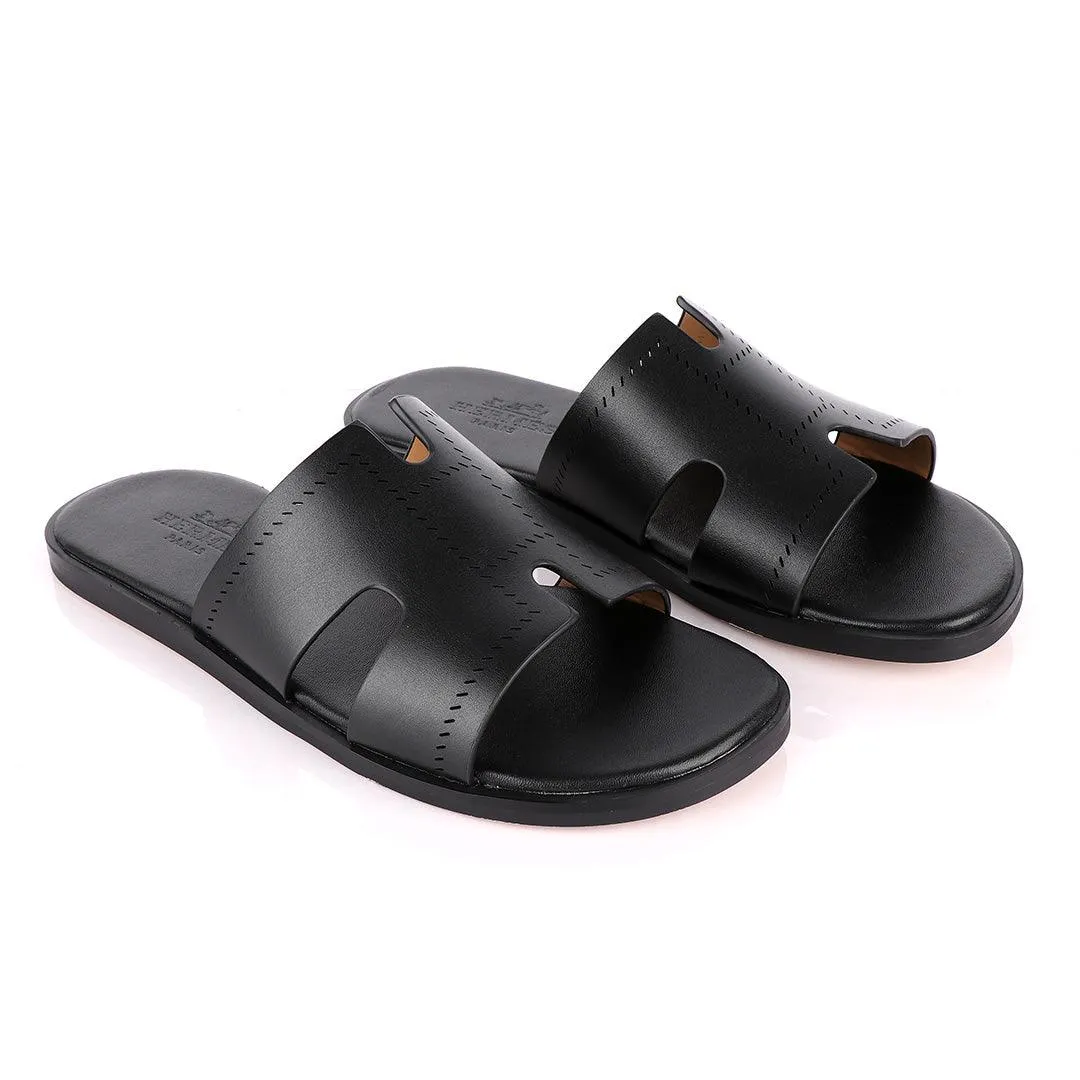 Hermes Paris Black Pattern Design Black Leather Slippers