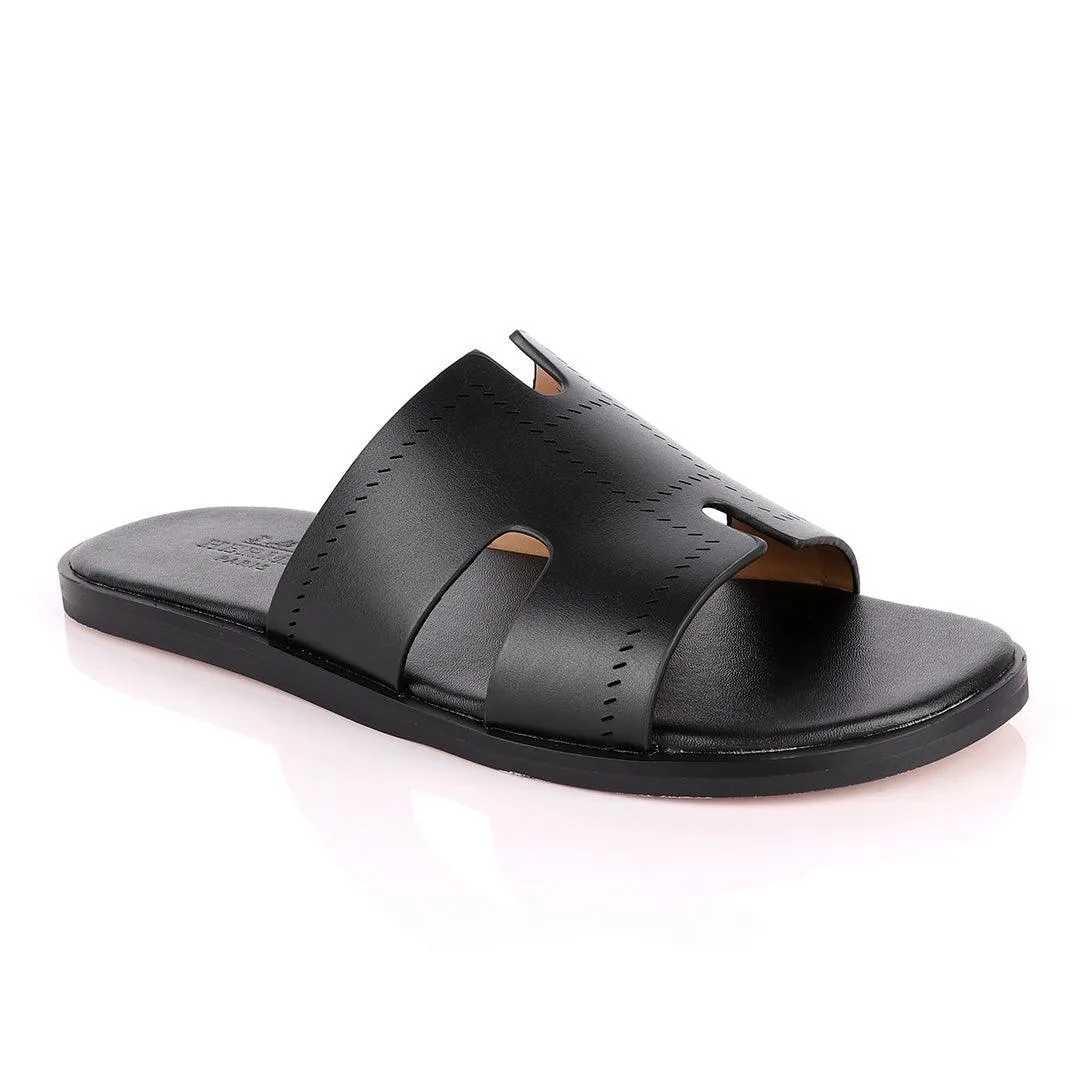 Hermes Paris Black Pattern Design Black Leather Slippers