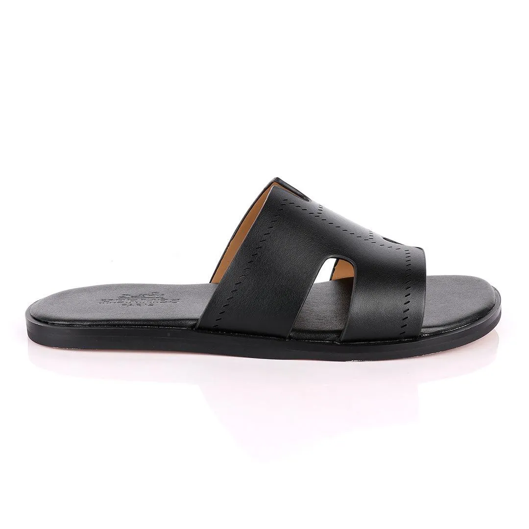 Hermes Paris Black Pattern Design Black Leather Slippers
