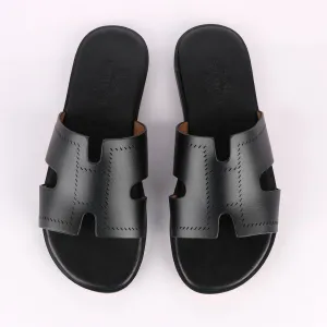 Hermes Paris Black Pattern Design Black Leather Slippers