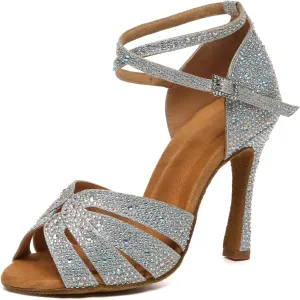 HIPPOSEUS Womens Rhinestone Latin Ballroom Dance Shoes Open Toe Salsa Tango ChaCha Performance Dancing Heels,Model YCL