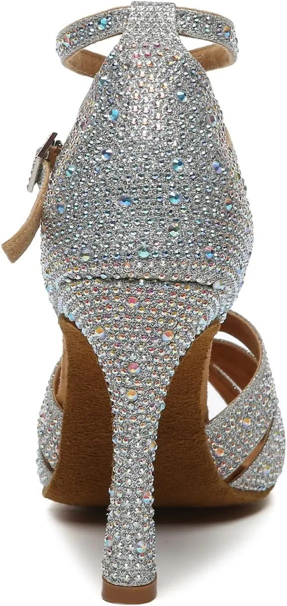 HIPPOSEUS Womens Rhinestone Latin Ballroom Dance Shoes Open Toe Salsa Tango ChaCha Performance Dancing Heels,Model YCL