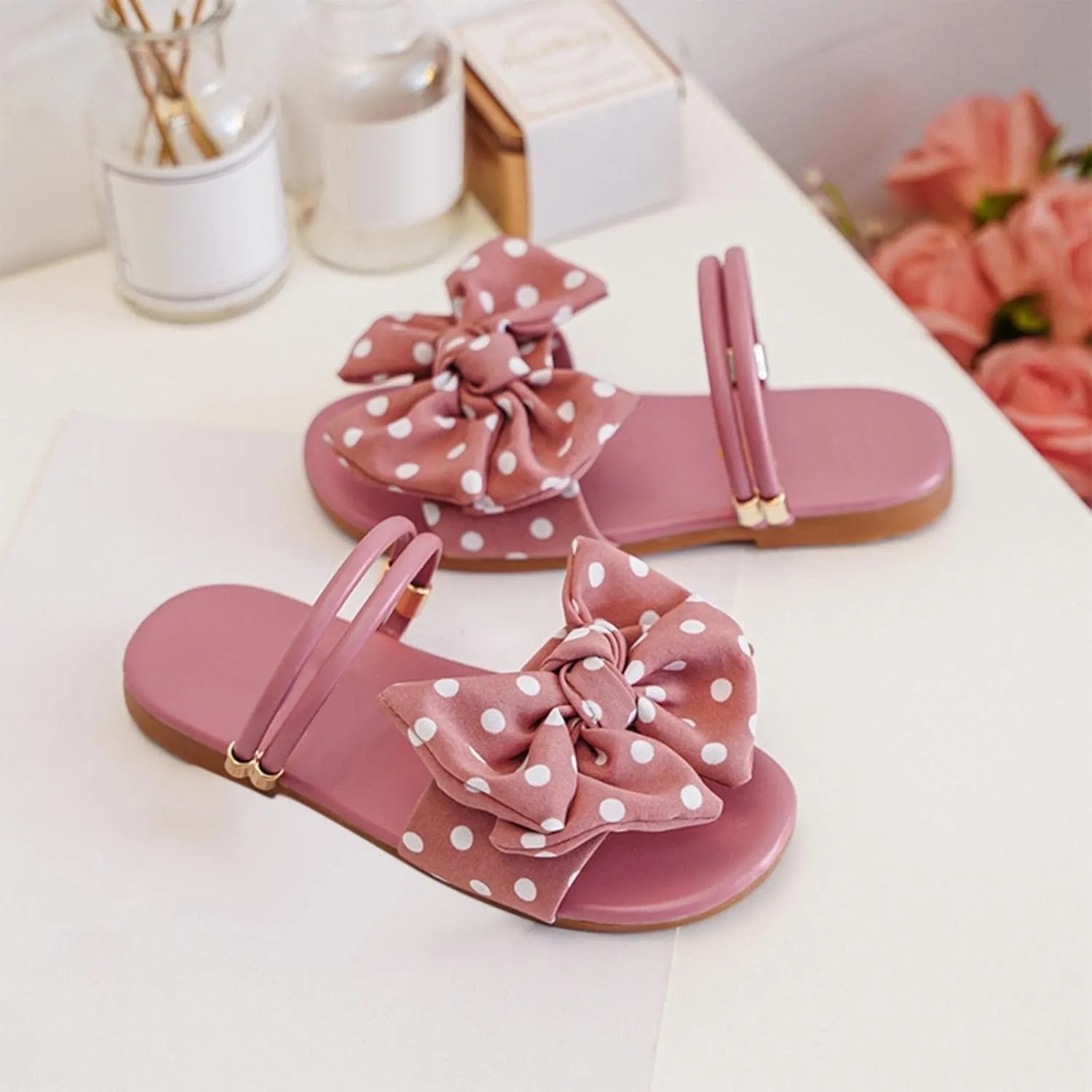 Kids Girls Bow Open Toe Flip Flop Glitter Slide Slip On Suitable For Bath Shower Beach Pool Slingback Sandals