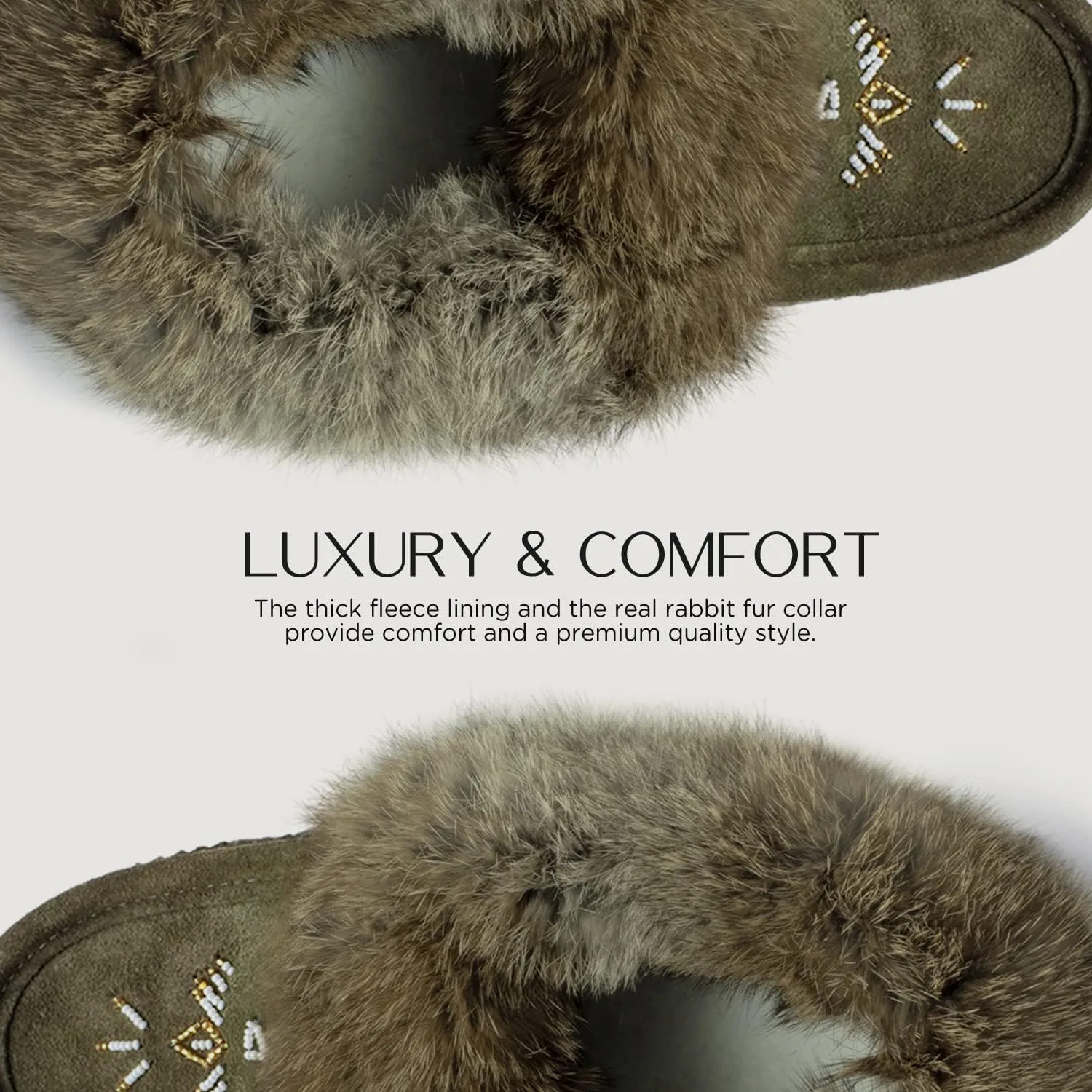 Laurentian Chief Moccasin Slippers for Women  Ladies Comfortable Slippers with Real Rabbit Fur Trim and Soft Faux Lining  Canada Quality Beaded Style Warmie Shoes for House Indoor