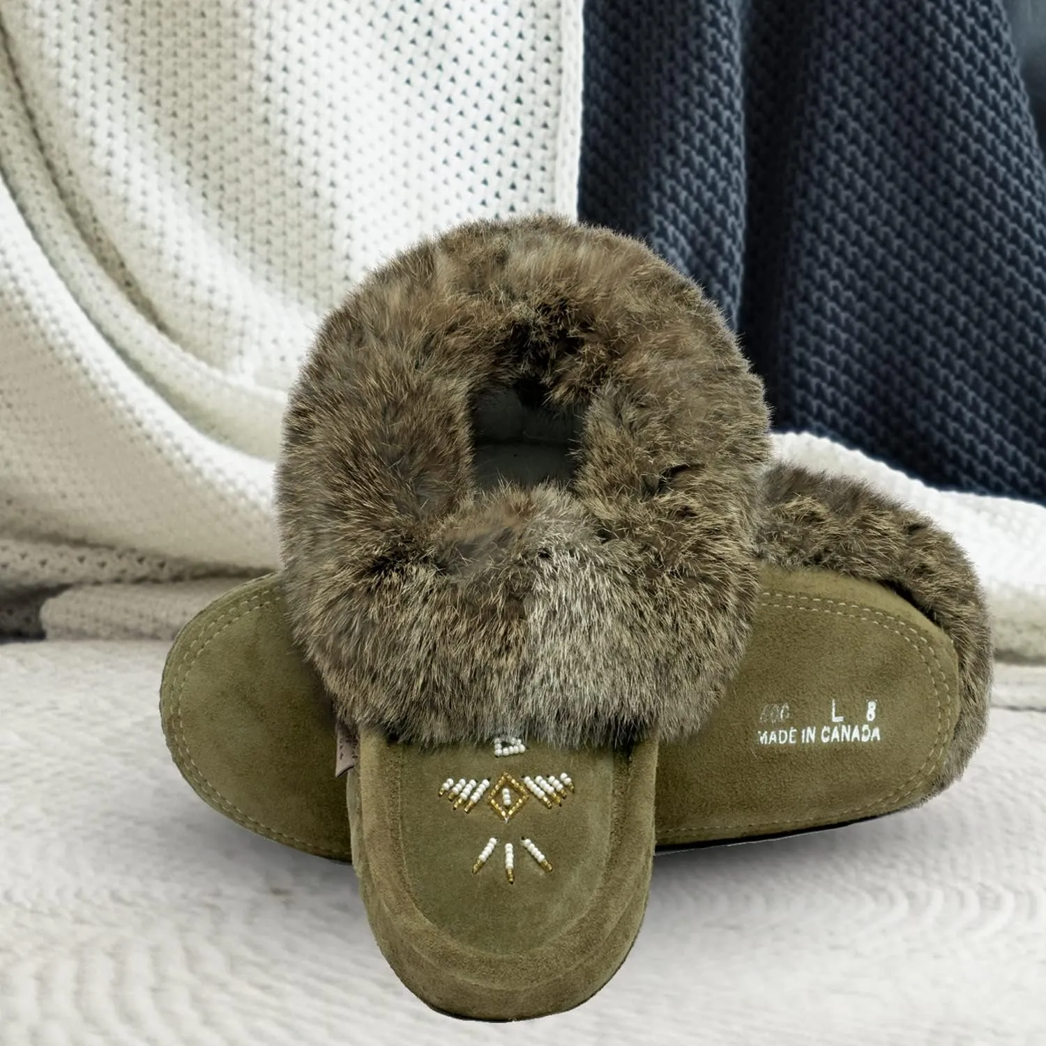 Laurentian Chief Moccasin Slippers for Women  Ladies Comfortable Slippers with Real Rabbit Fur Trim and Soft Faux Lining  Canada Quality Beaded Style Warmie Shoes for House Indoor