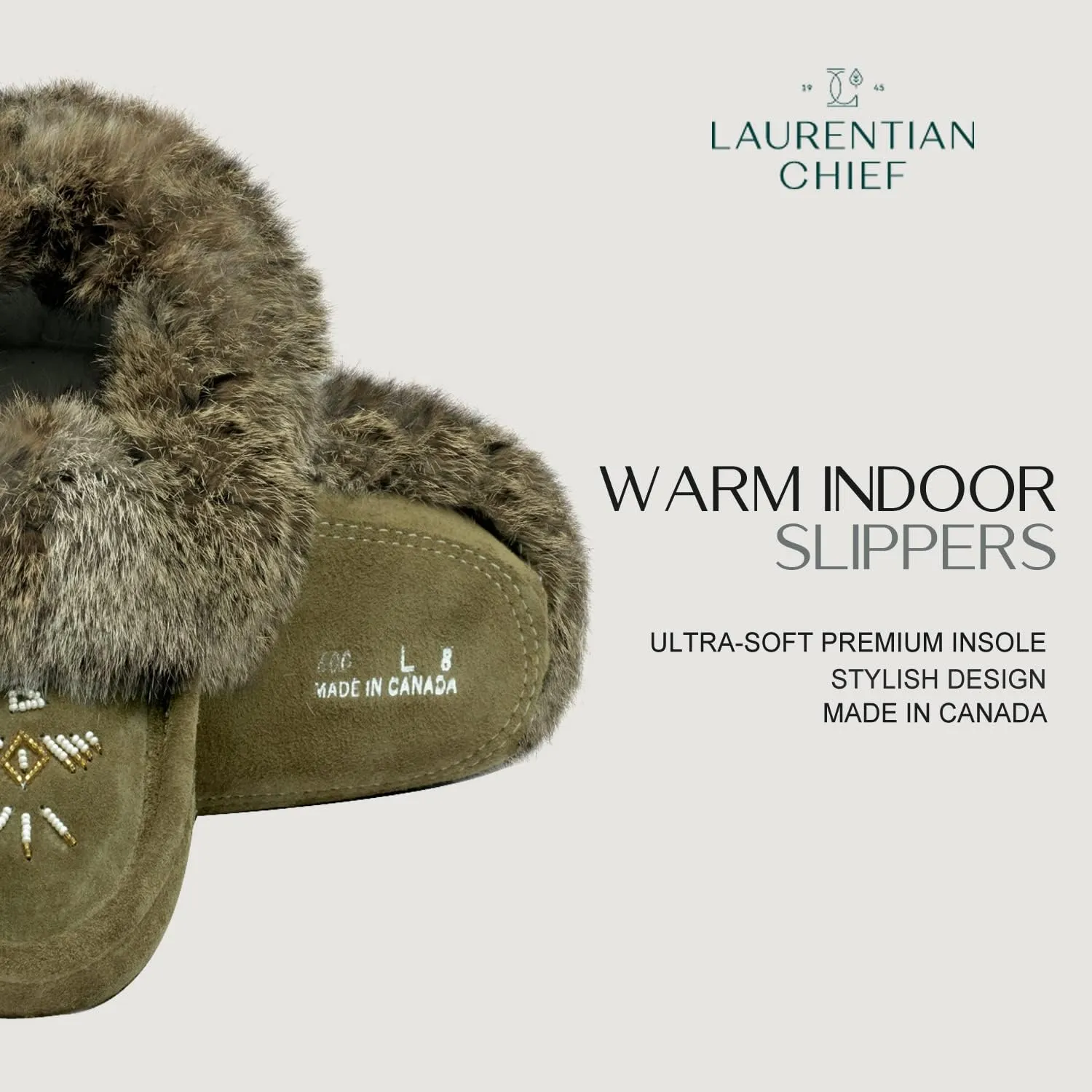 Laurentian Chief Moccasin Slippers for Women  Ladies Comfortable Slippers with Real Rabbit Fur Trim and Soft Faux Lining  Canada Quality Beaded Style Warmie Shoes for House Indoor