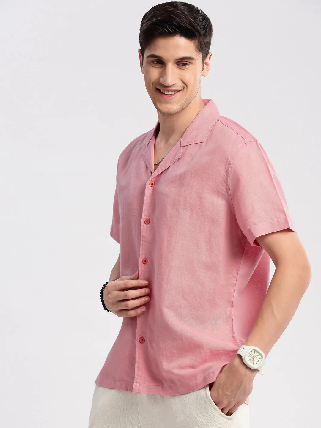 Men Cuban Collar Solid Pink Casual Shirt
