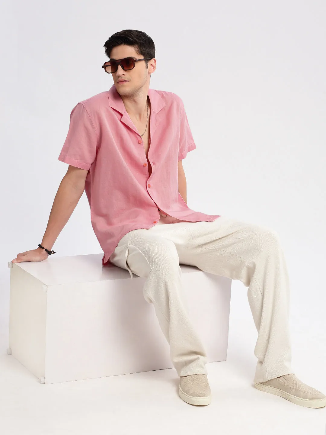Men Cuban Collar Solid Pink Casual Shirt