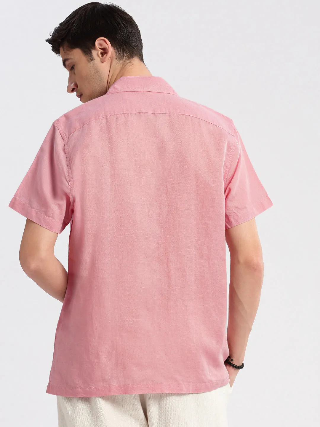Men Cuban Collar Solid Pink Casual Shirt