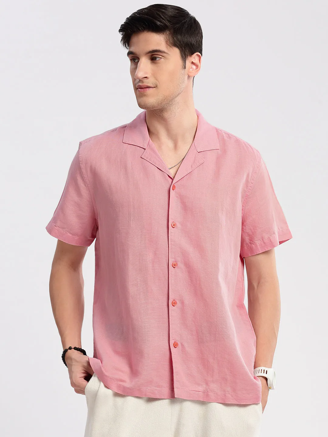 Men Cuban Collar Solid Pink Casual Shirt
